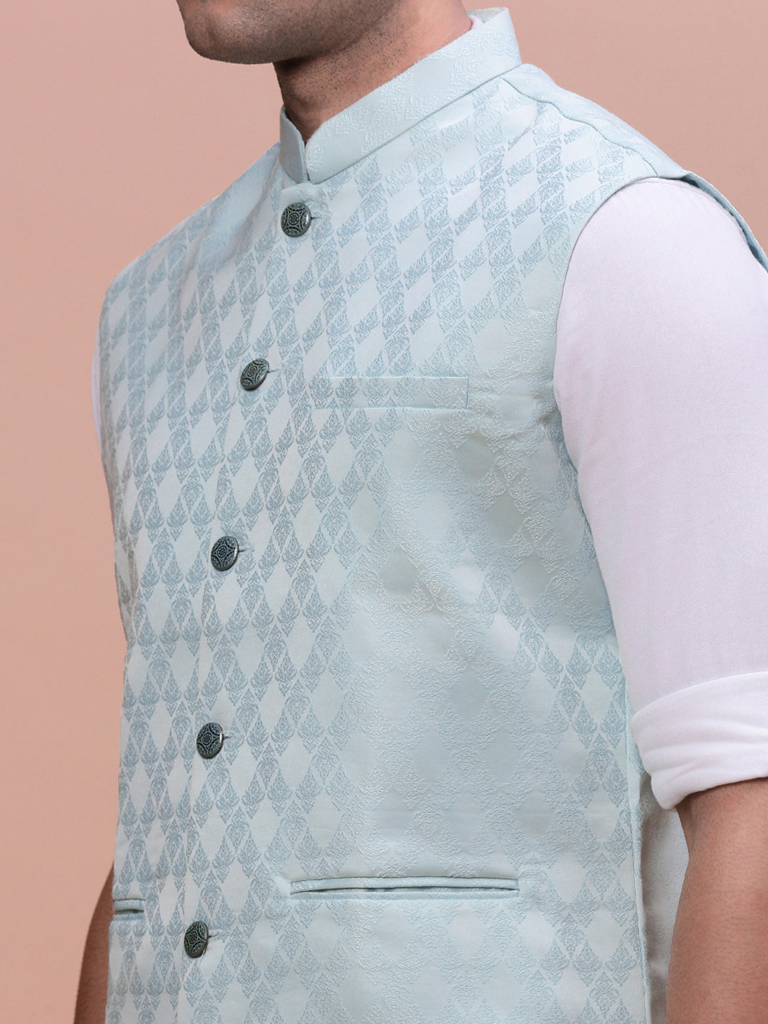 Men Woven Design Sea Green Slim Fit Nehru Jacket