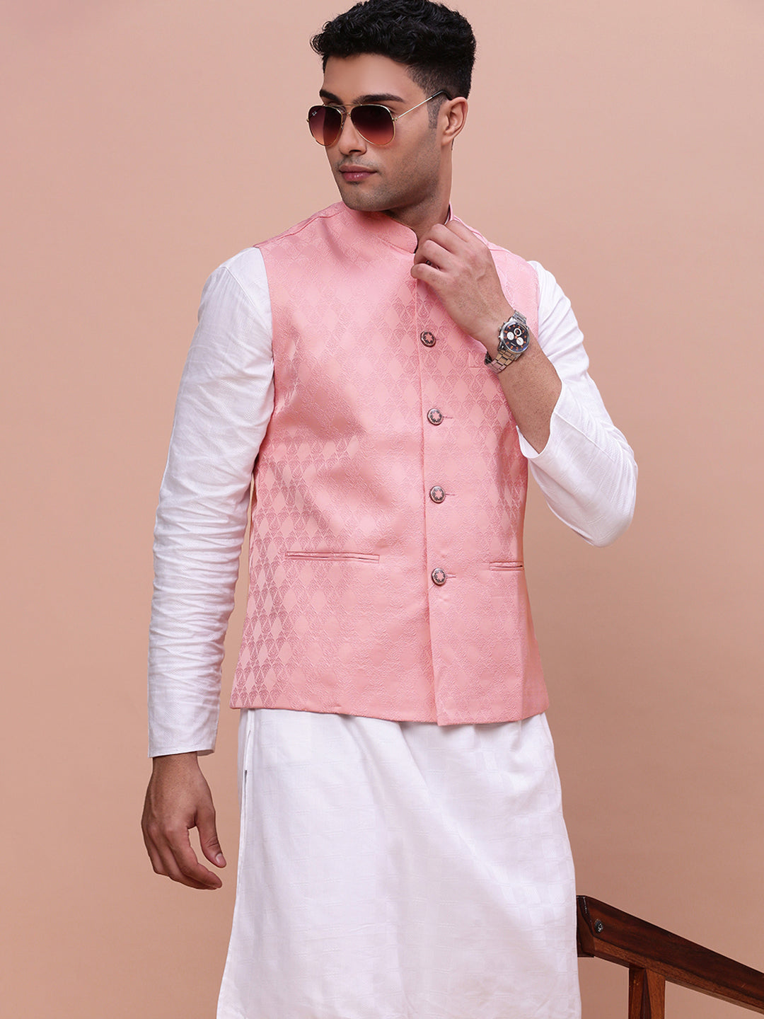 Men Woven Design Peach Slim Fit Nehru Jacket