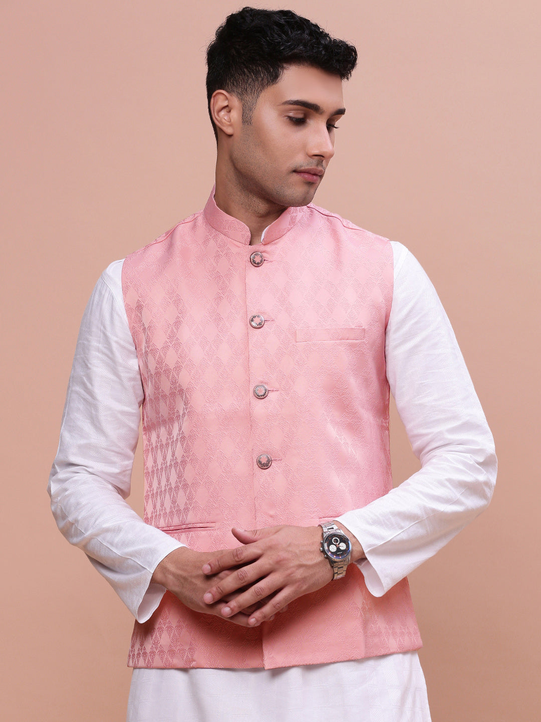 Men Woven Design Peach Slim Fit Nehru Jacket