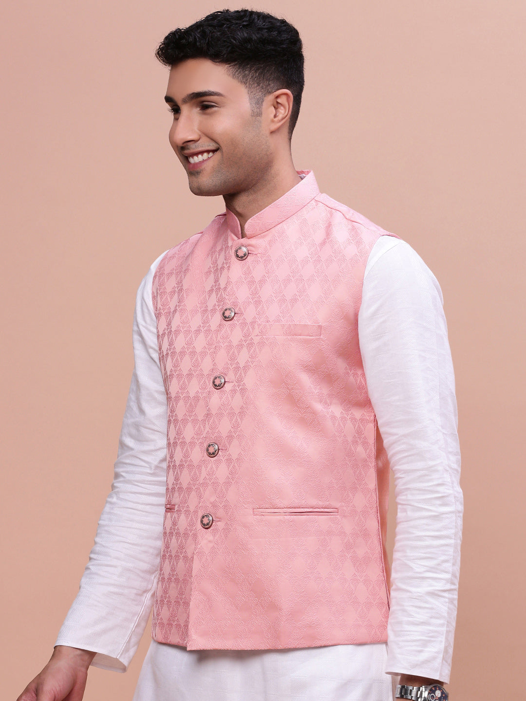 Men Woven Design Peach Slim Fit Nehru Jacket