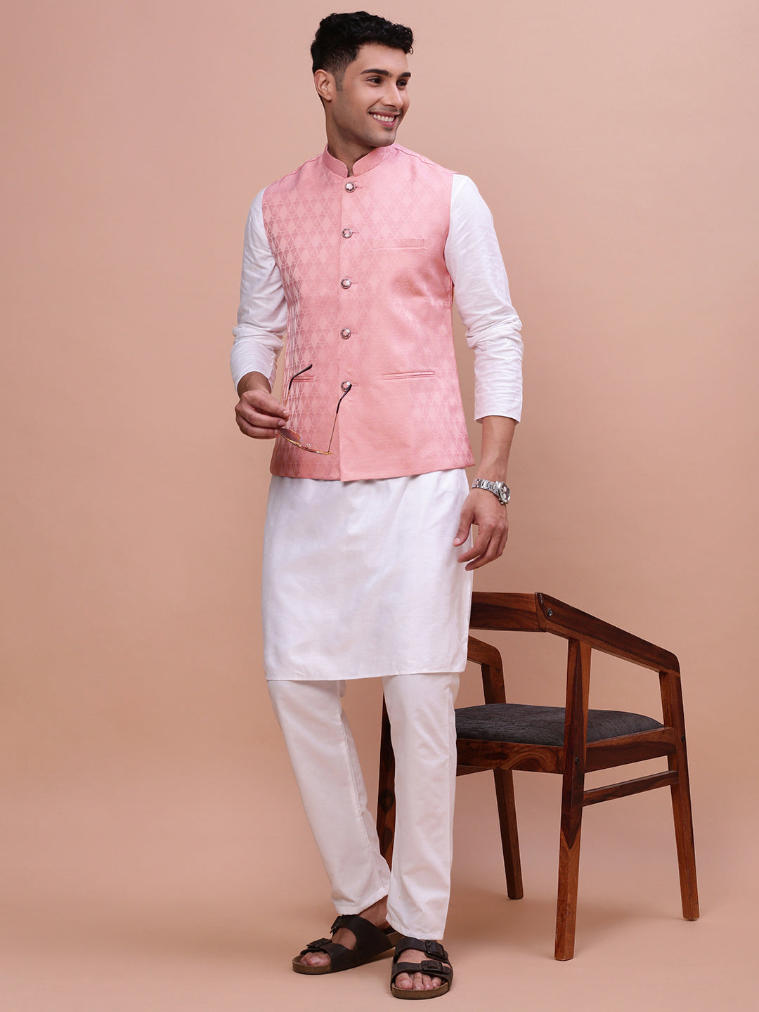 Men Woven Design Peach Slim Fit Nehru Jacket