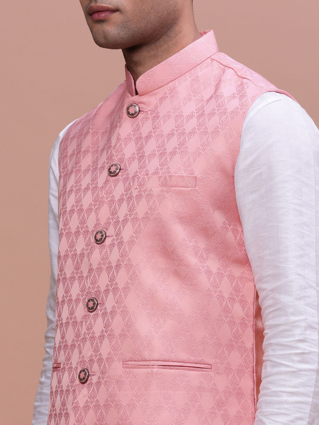 Men Woven Design Peach Slim Fit Nehru Jacket