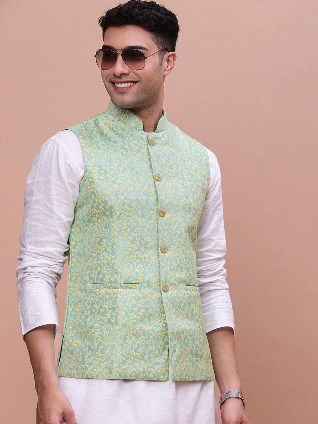 Men Woven Design Green Slim Fit Nehru Jacket