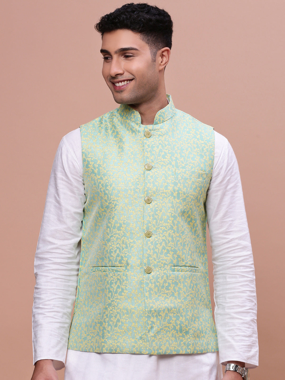 Men Woven Design Green Slim Fit Nehru Jacket