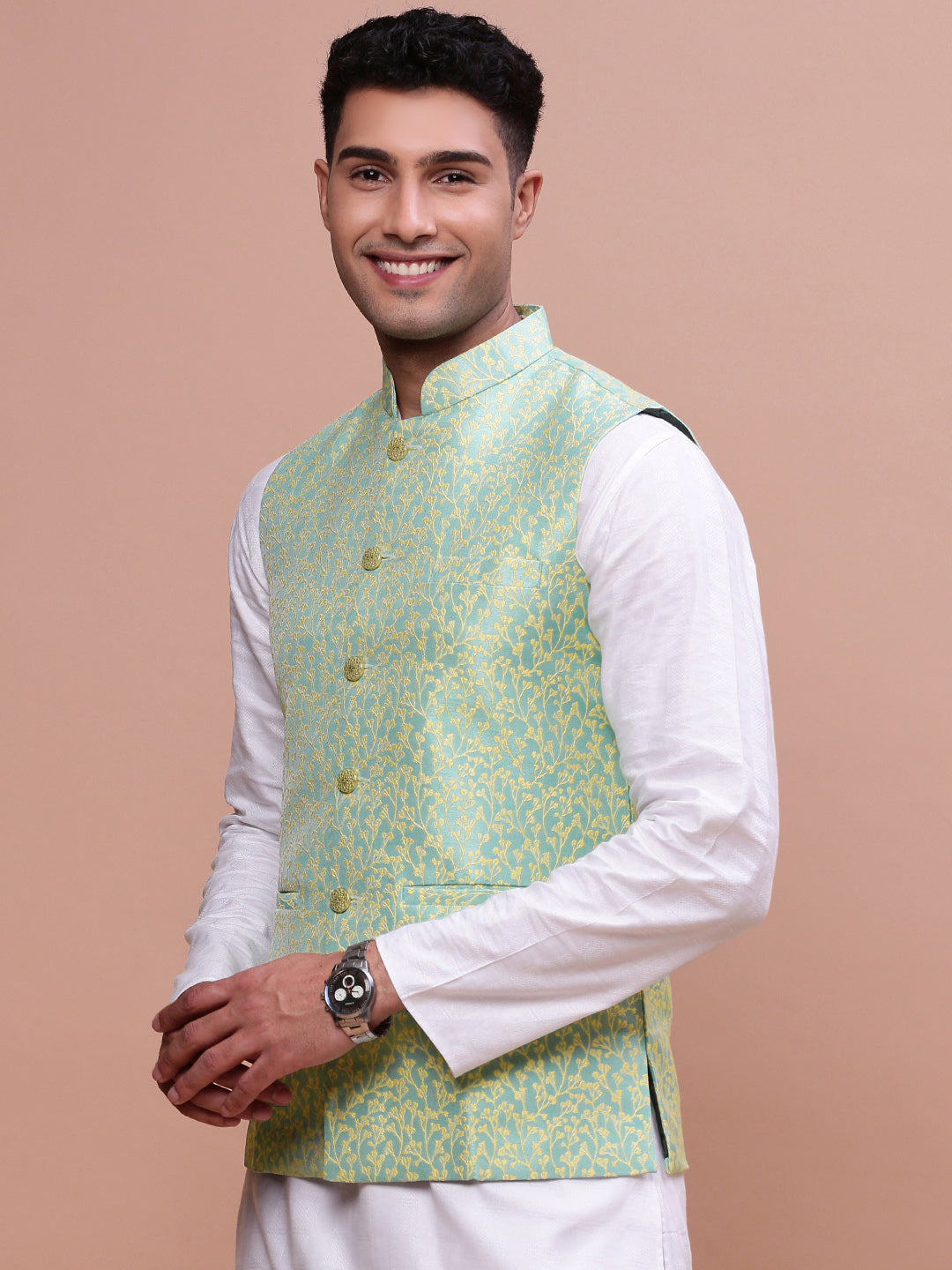 Men Woven Design Green Slim Fit Nehru Jacket