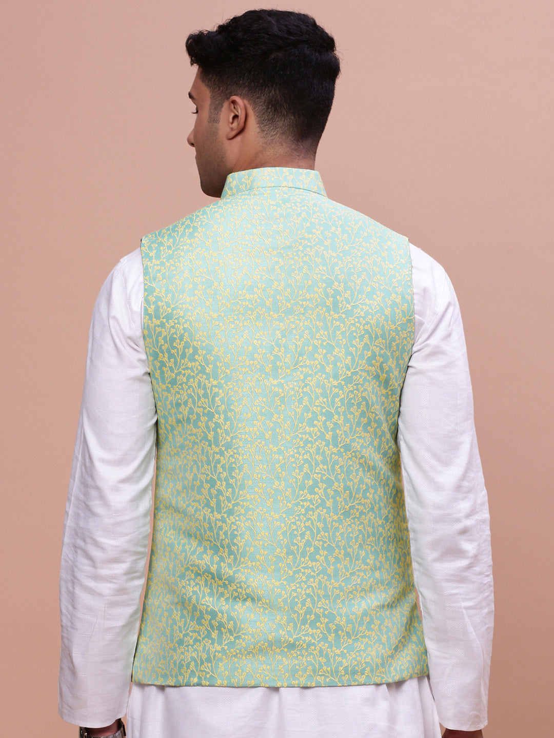 Men Woven Design Green Slim Fit Nehru Jacket