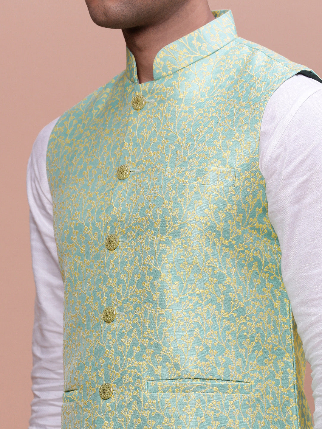 Men Woven Design Green Slim Fit Nehru Jacket