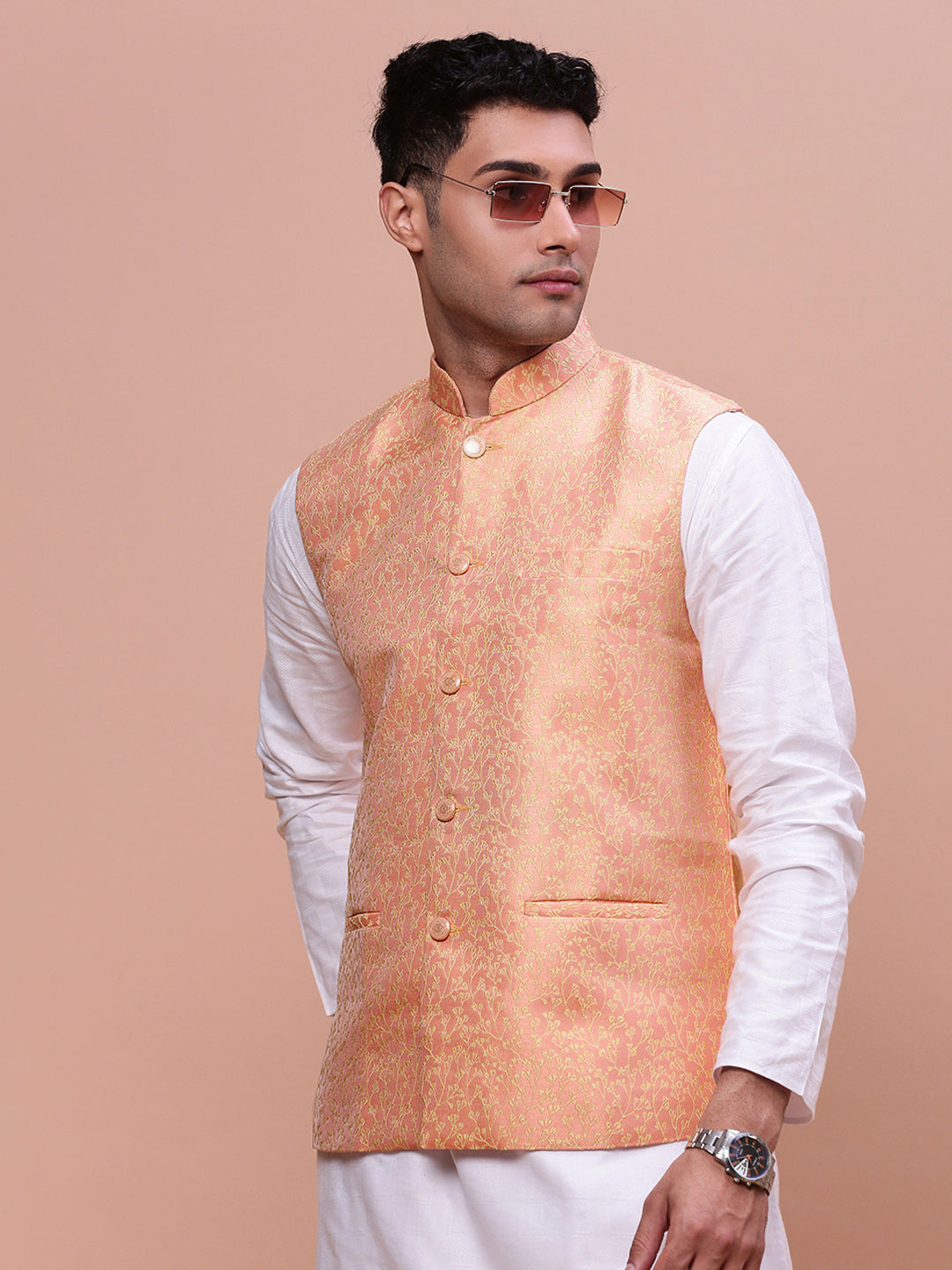 Men Woven Design Orange Slim Fit Nehru Jacket