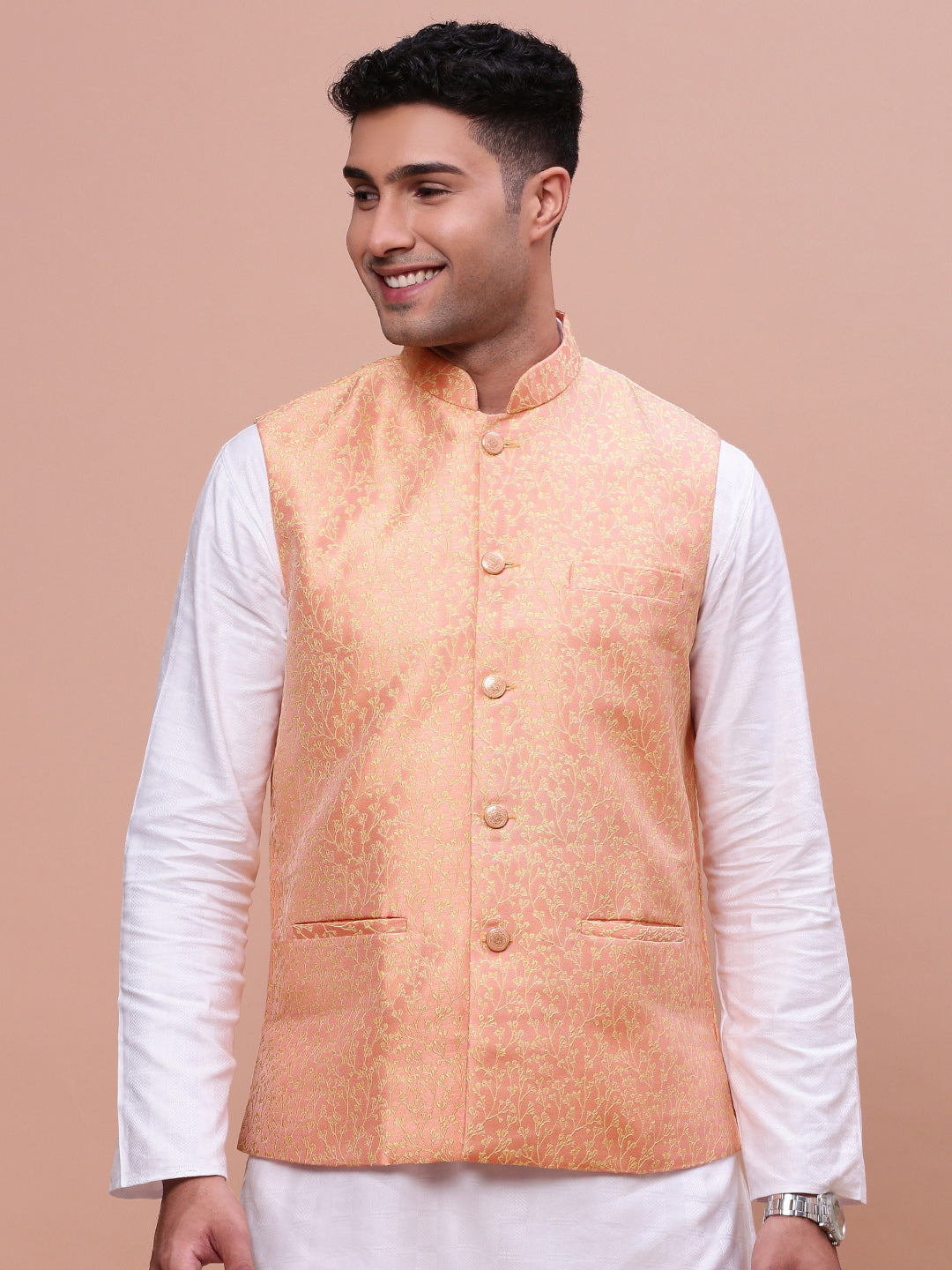 Men Woven Design Orange Slim Fit Nehru Jacket