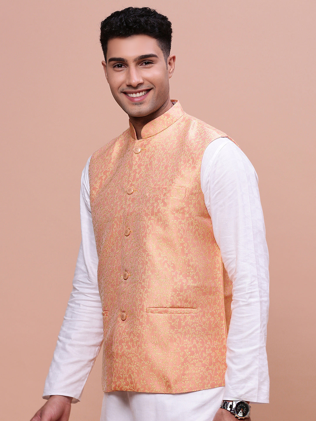 Men Woven Design Orange Slim Fit Nehru Jacket