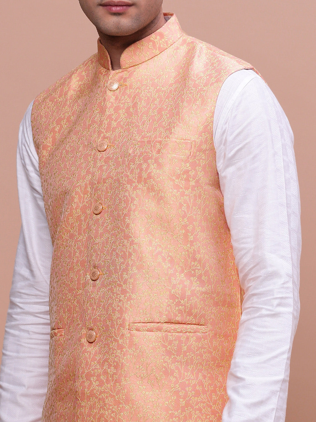 Men Woven Design Orange Slim Fit Nehru Jacket