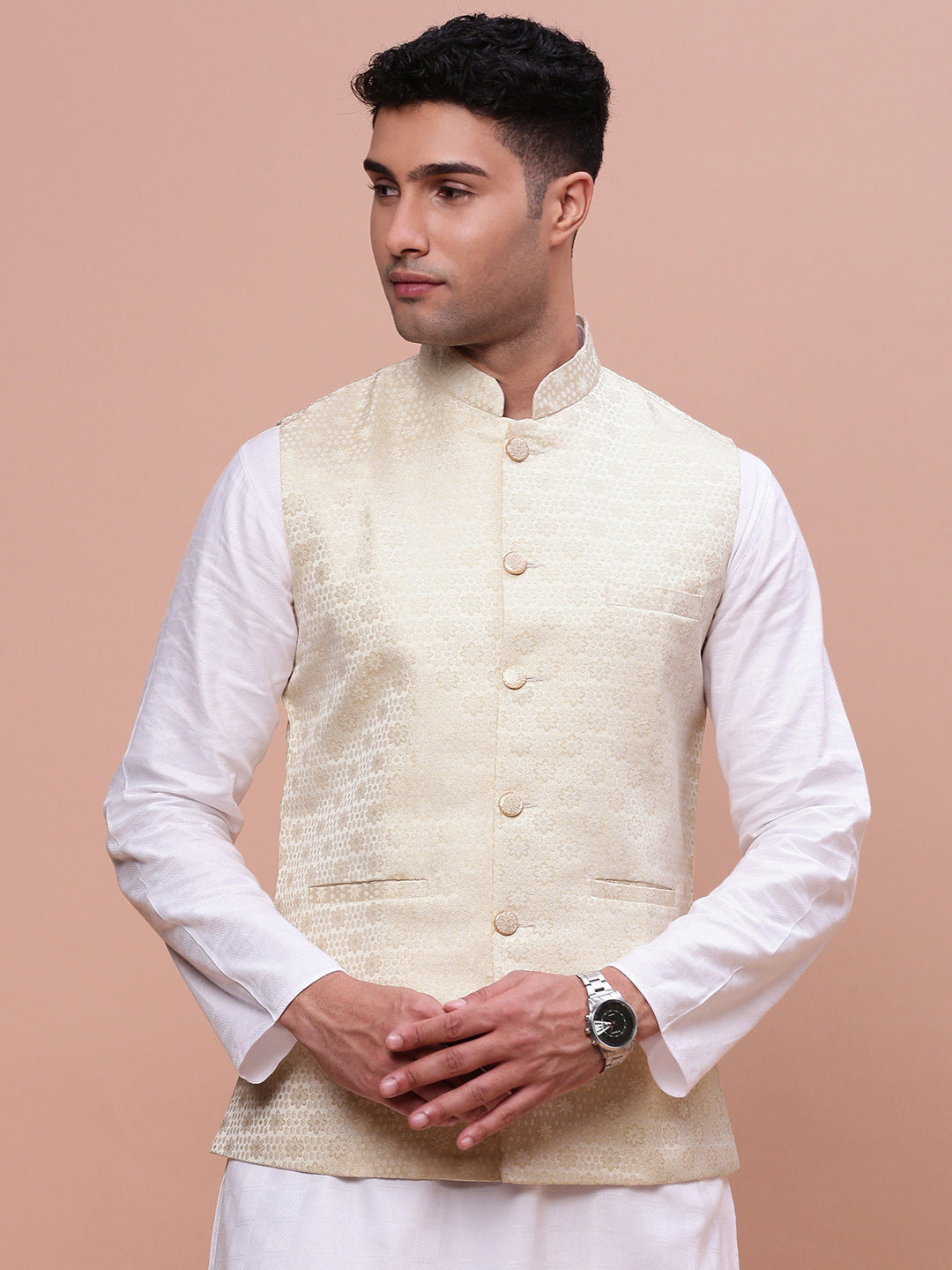 Men Woven Design Cream Slim Fit Nehru Jacket