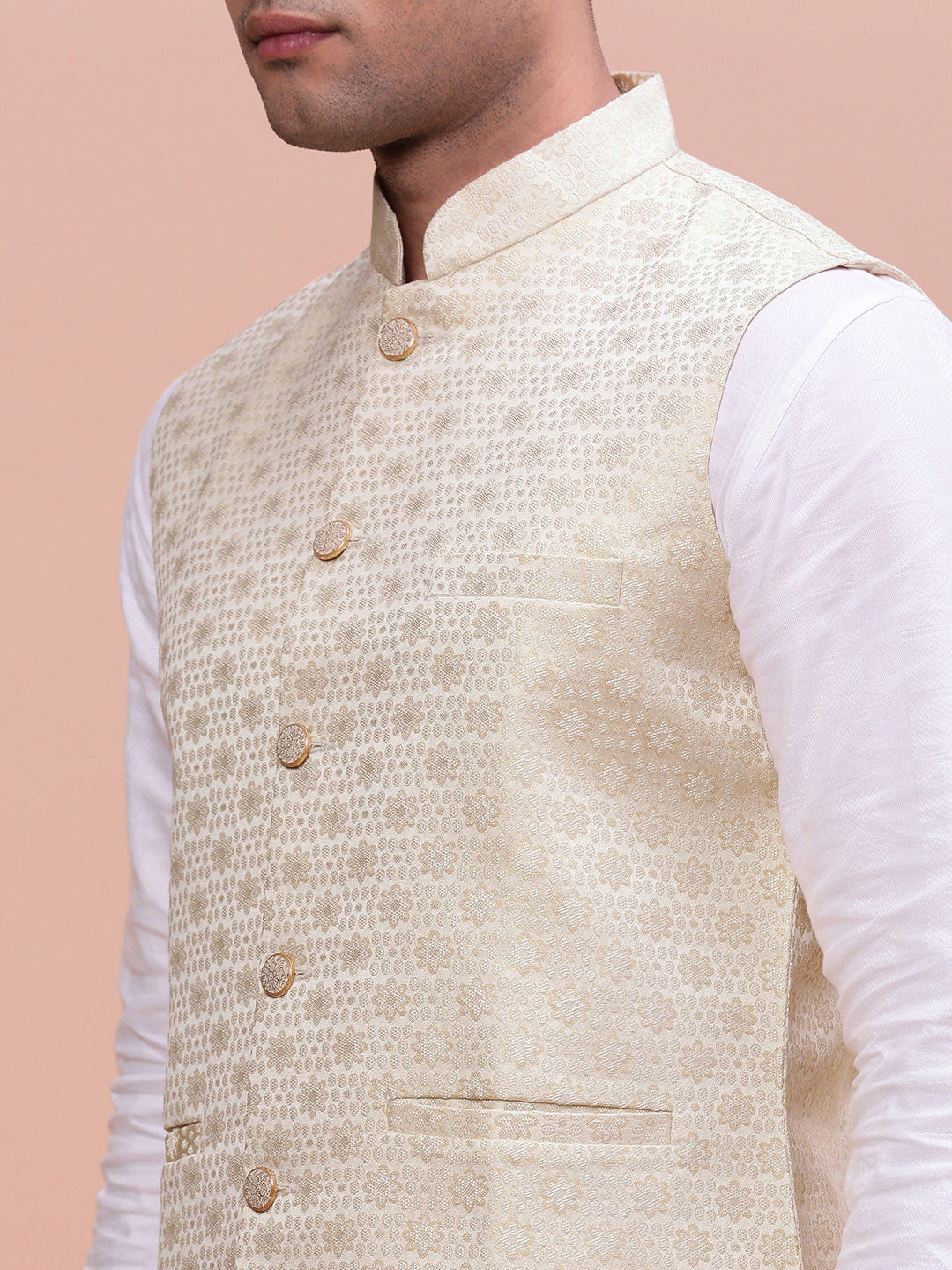 Men Woven Design Cream Slim Fit Nehru Jacket