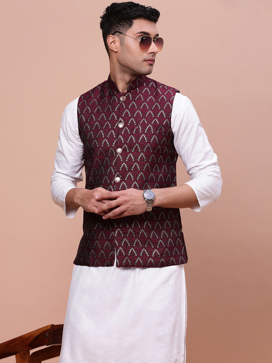 Men Woven Design Maroon Slim Fit Nehru Jacket