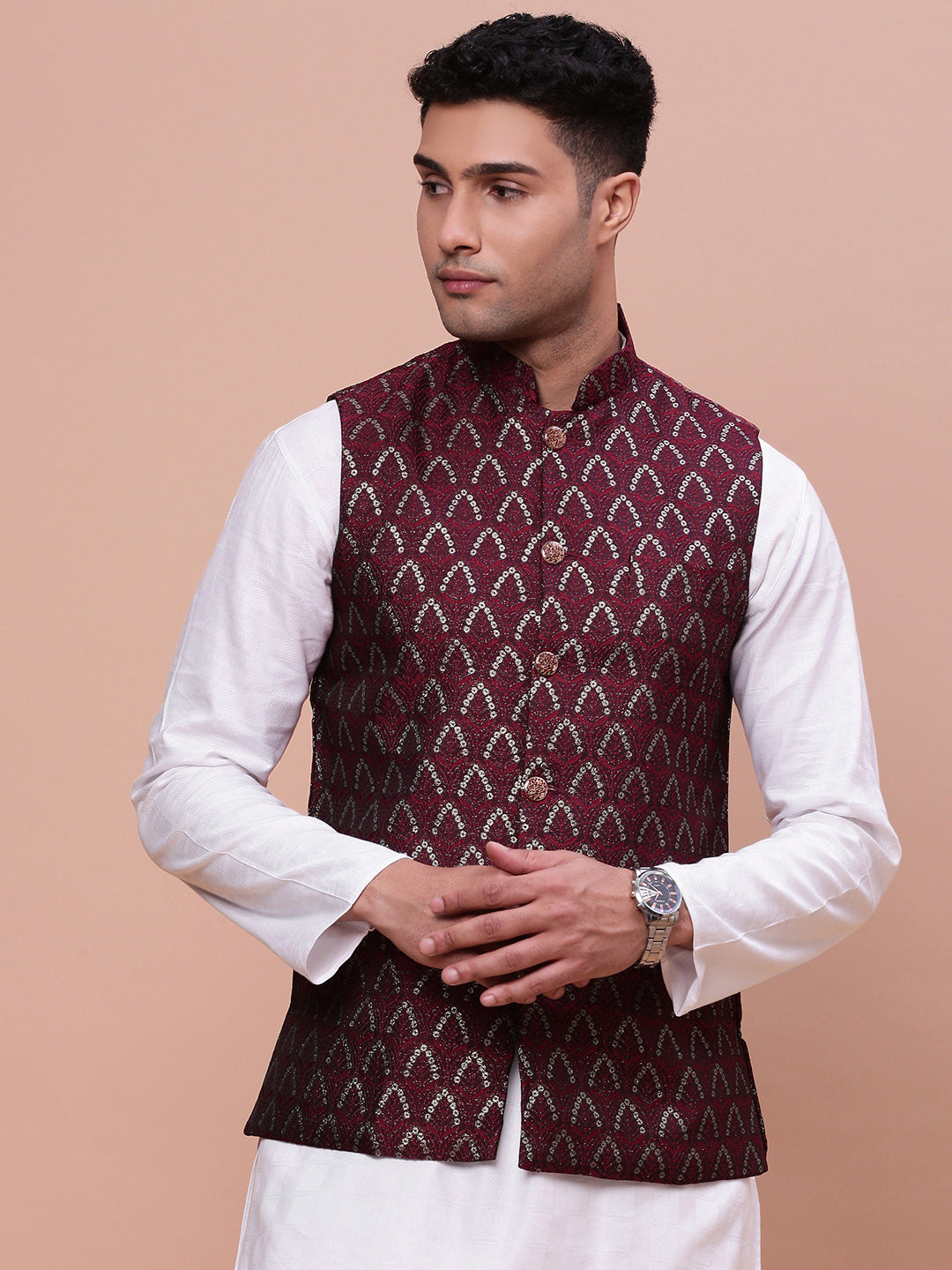 Men Woven Design Maroon Slim Fit Nehru Jacket