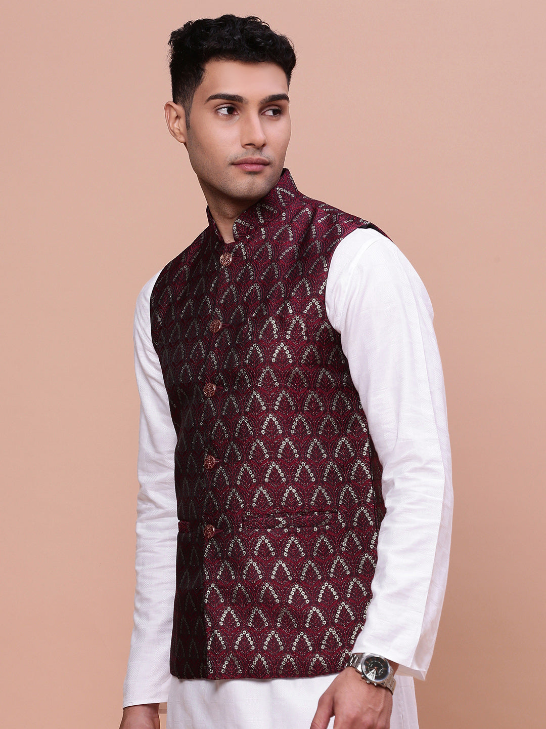 Men Woven Design Maroon Slim Fit Nehru Jacket