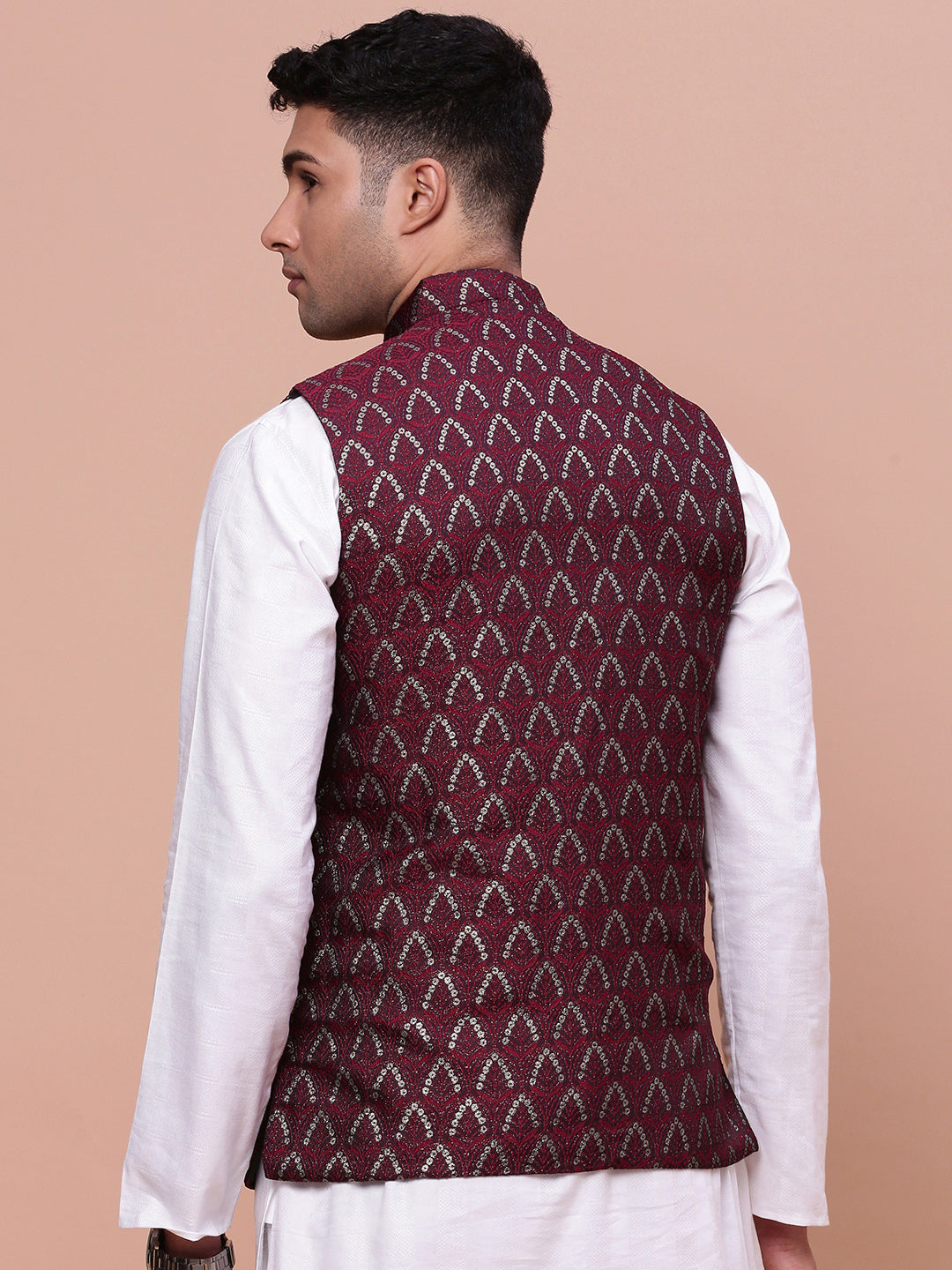 Men Woven Design Maroon Slim Fit Nehru Jacket