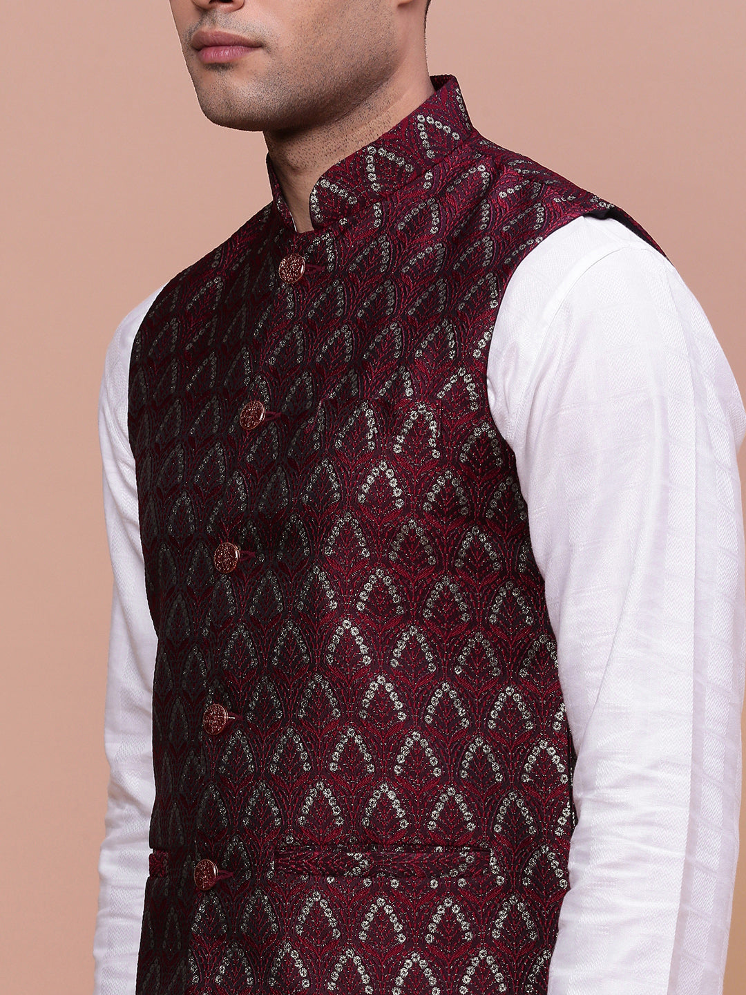 Men Woven Design Maroon Slim Fit Nehru Jacket