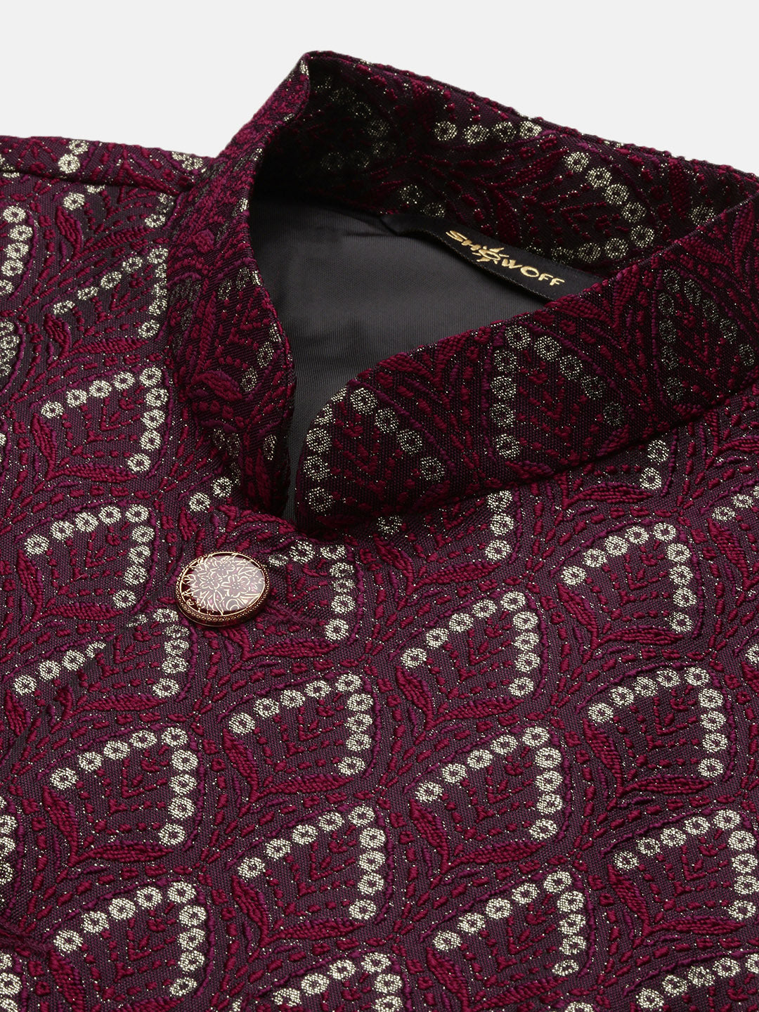 Men Woven Design Maroon Slim Fit Nehru Jacket