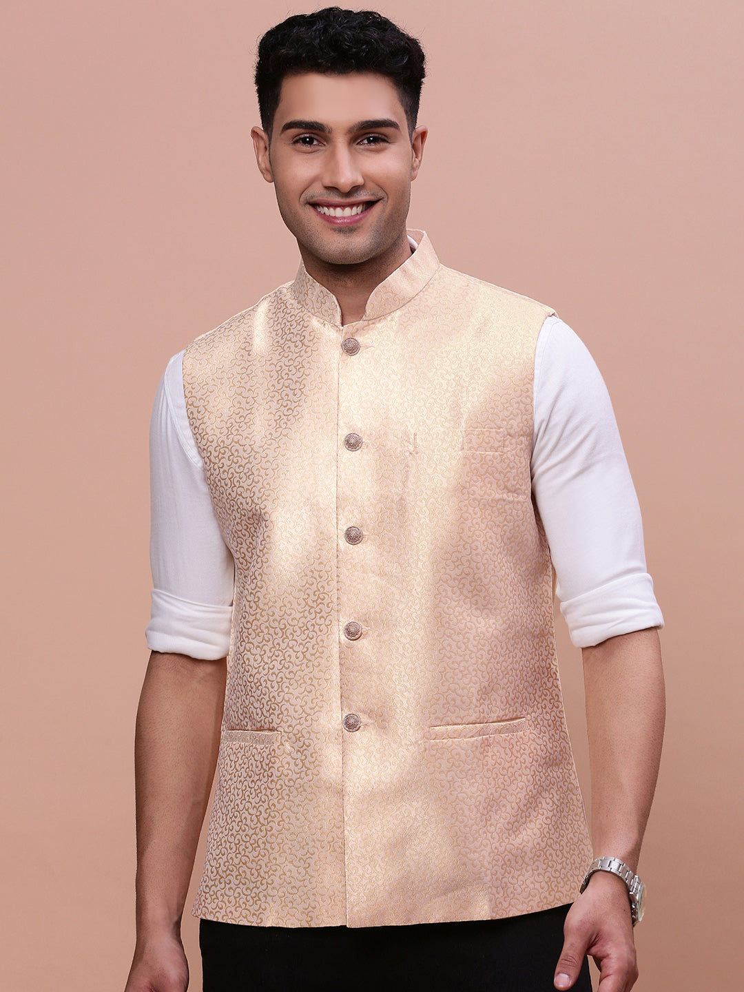 Men Woven Design Cream Slim Fit Nehru Jacket