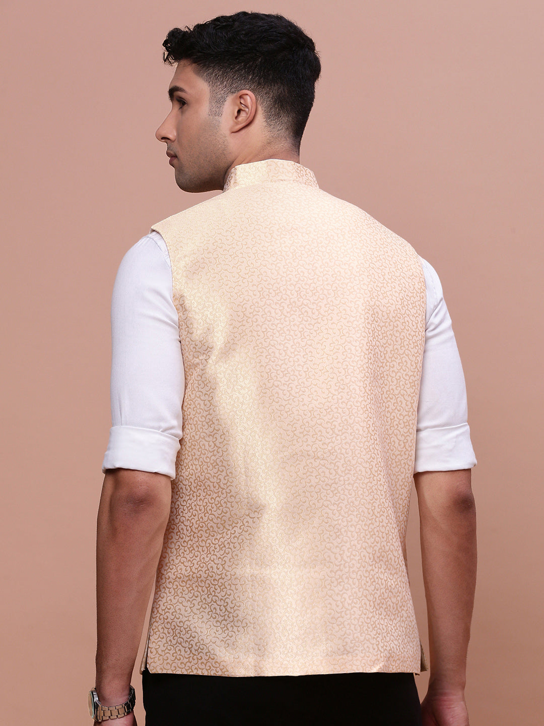 Men Woven Design Cream Slim Fit Nehru Jacket