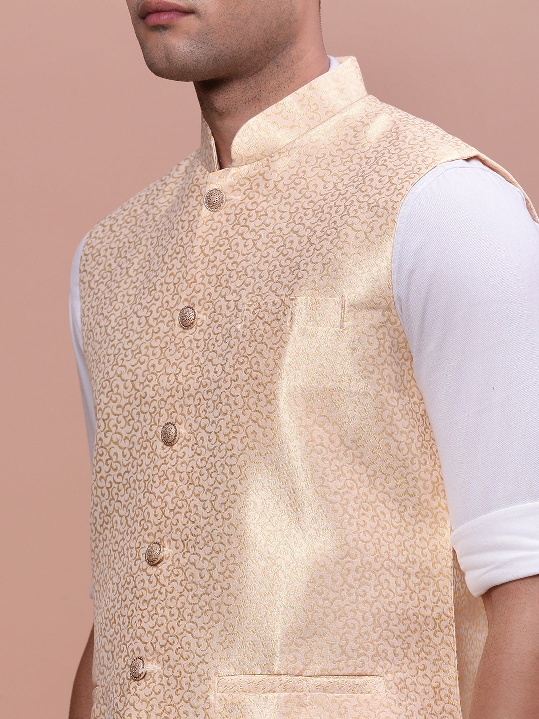 Men Woven Design Cream Slim Fit Nehru Jacket