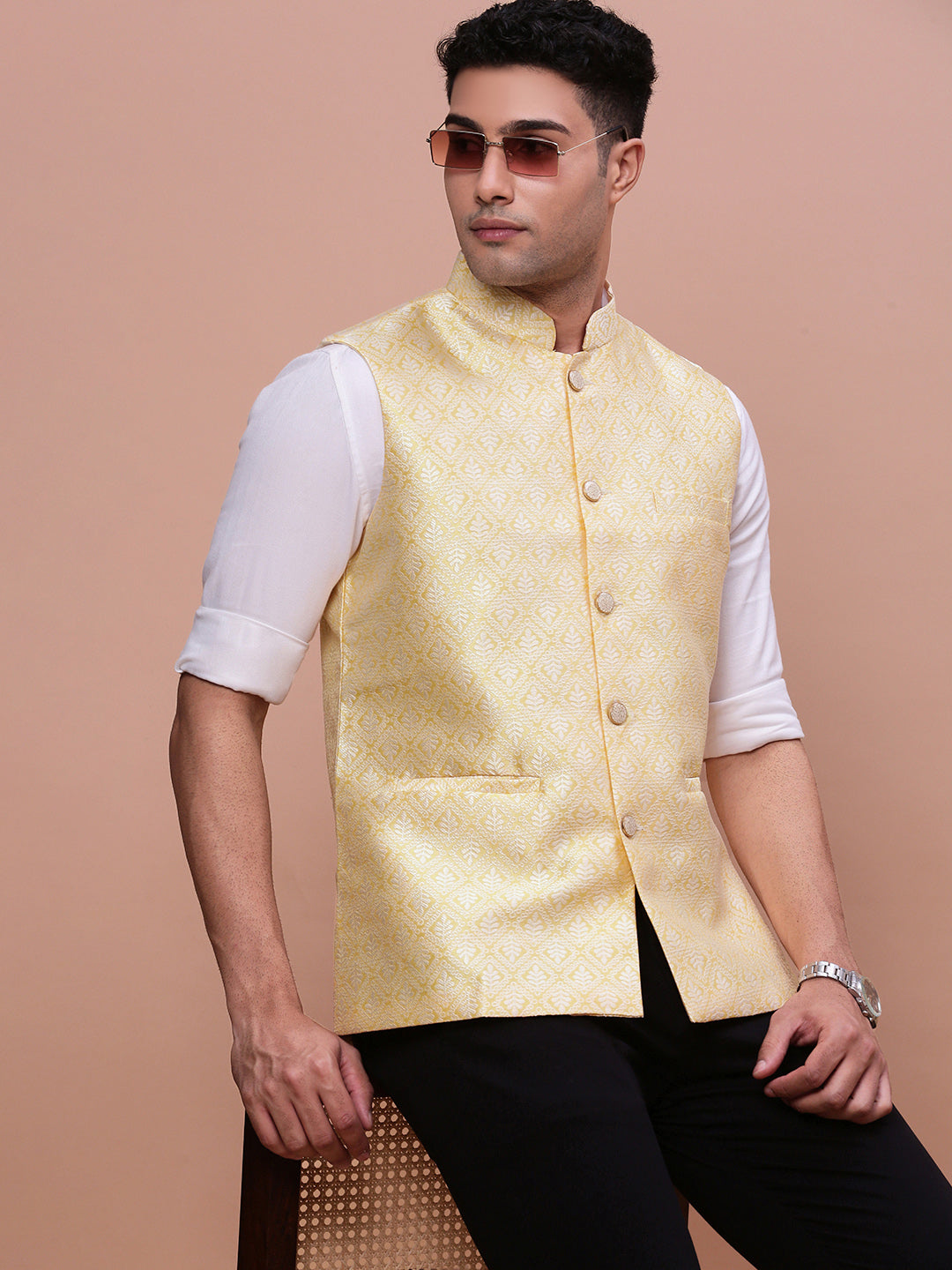 Men Woven Design Yellow Slim Fit Nehru Jacket