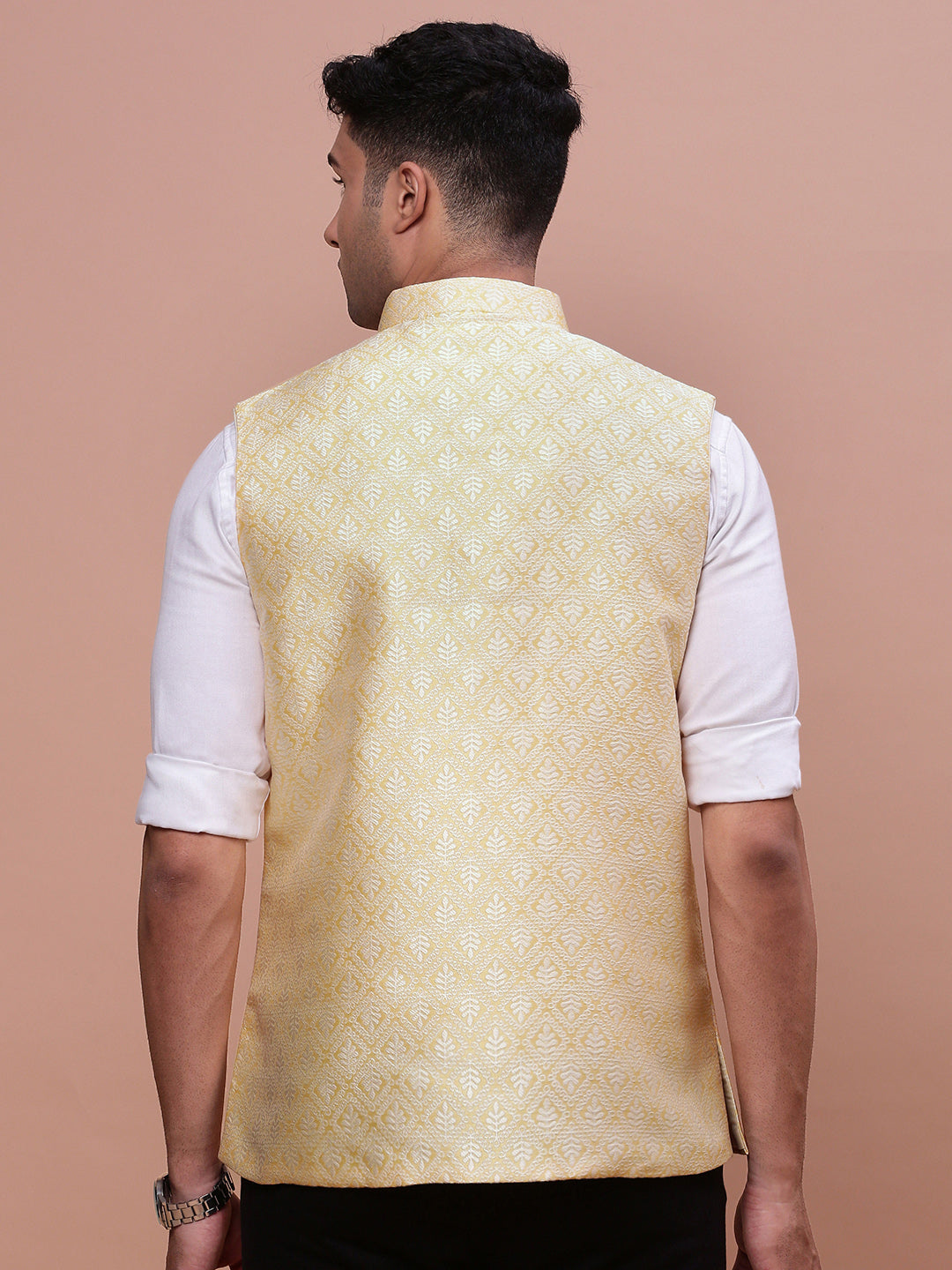 Men Woven Design Yellow Slim Fit Nehru Jacket