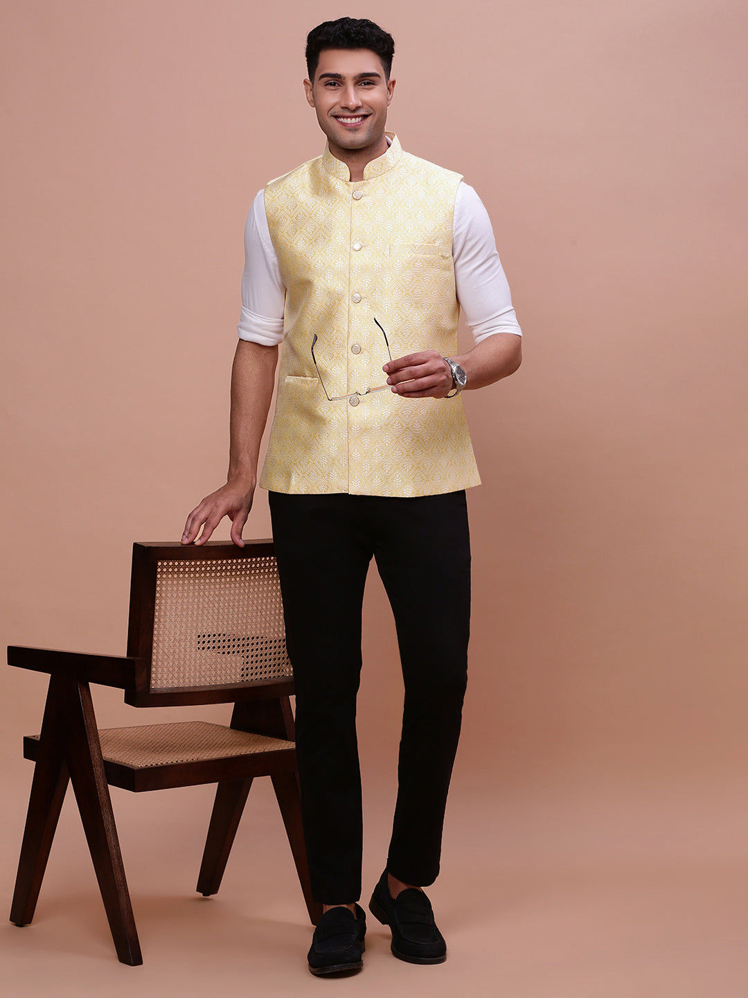 Men Woven Design Yellow Slim Fit Nehru Jacket