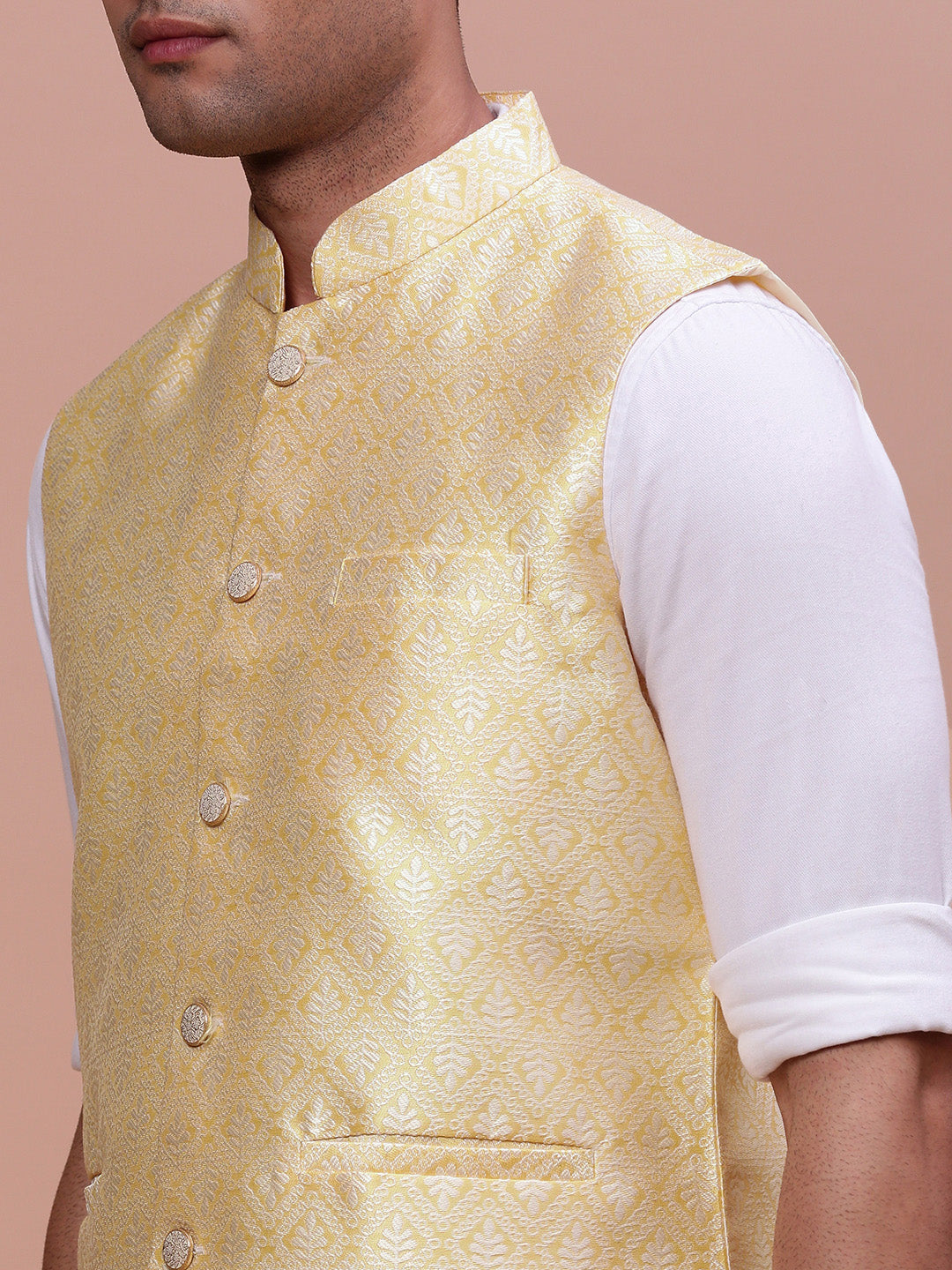 Men Woven Design Yellow Slim Fit Nehru Jacket