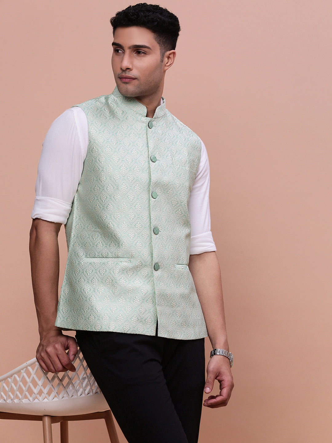 Men Woven Design Green Slim Fit Nehru Jacket