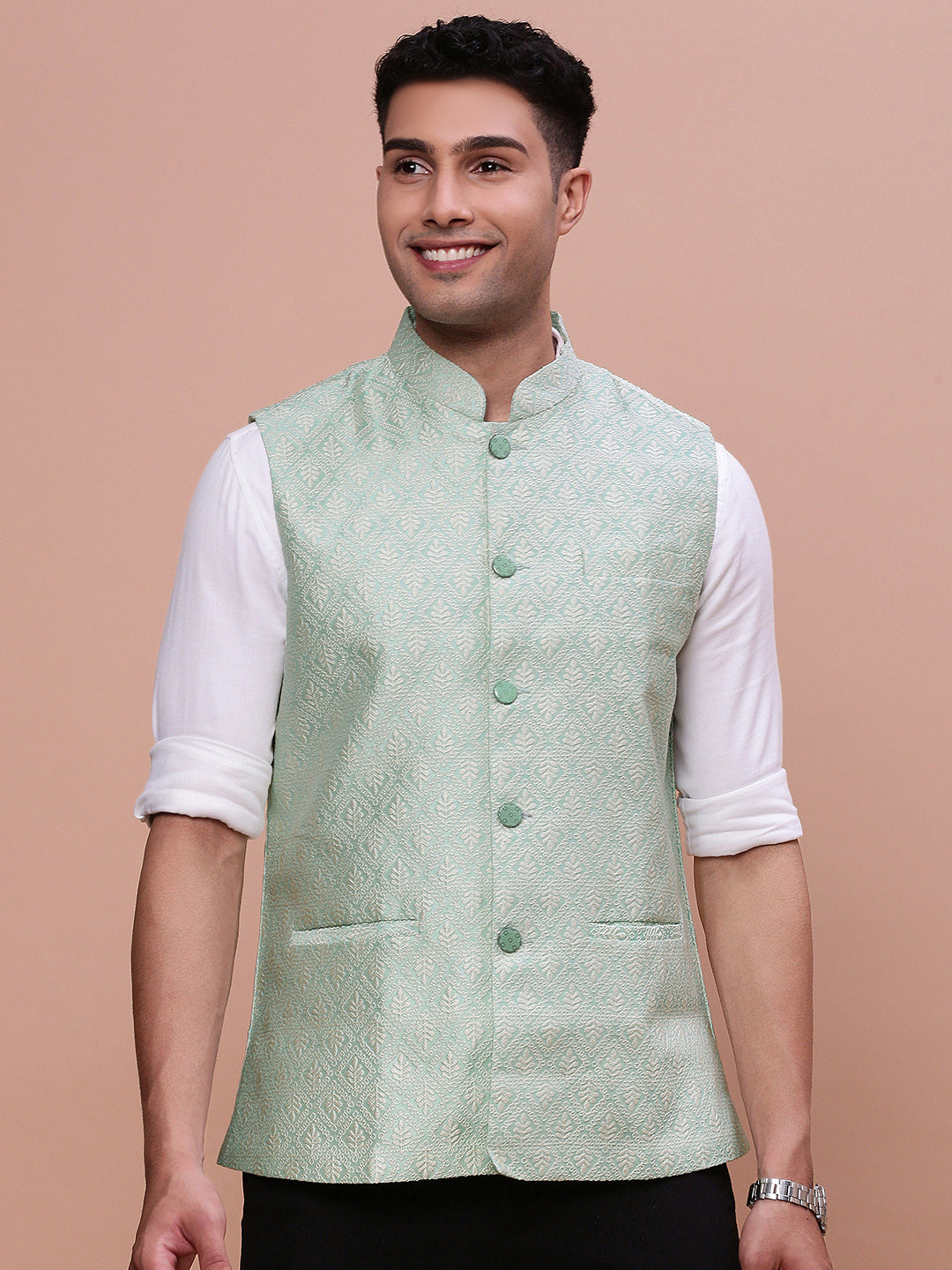 Men Woven Design Green Slim Fit Nehru Jacket