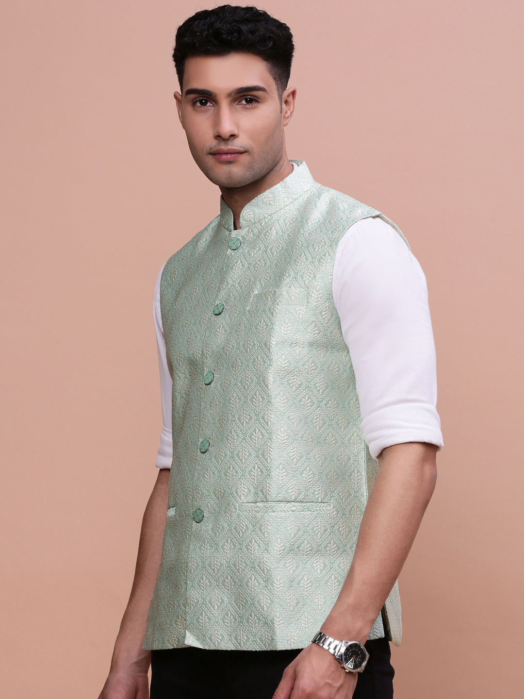 Men Woven Design Green Slim Fit Nehru Jacket