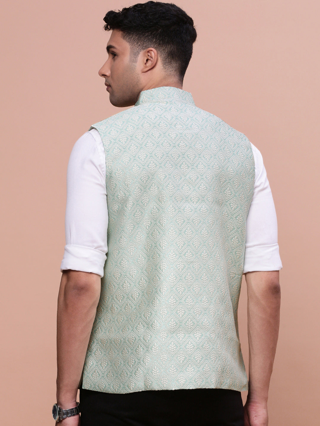 Men Woven Design Green Slim Fit Nehru Jacket