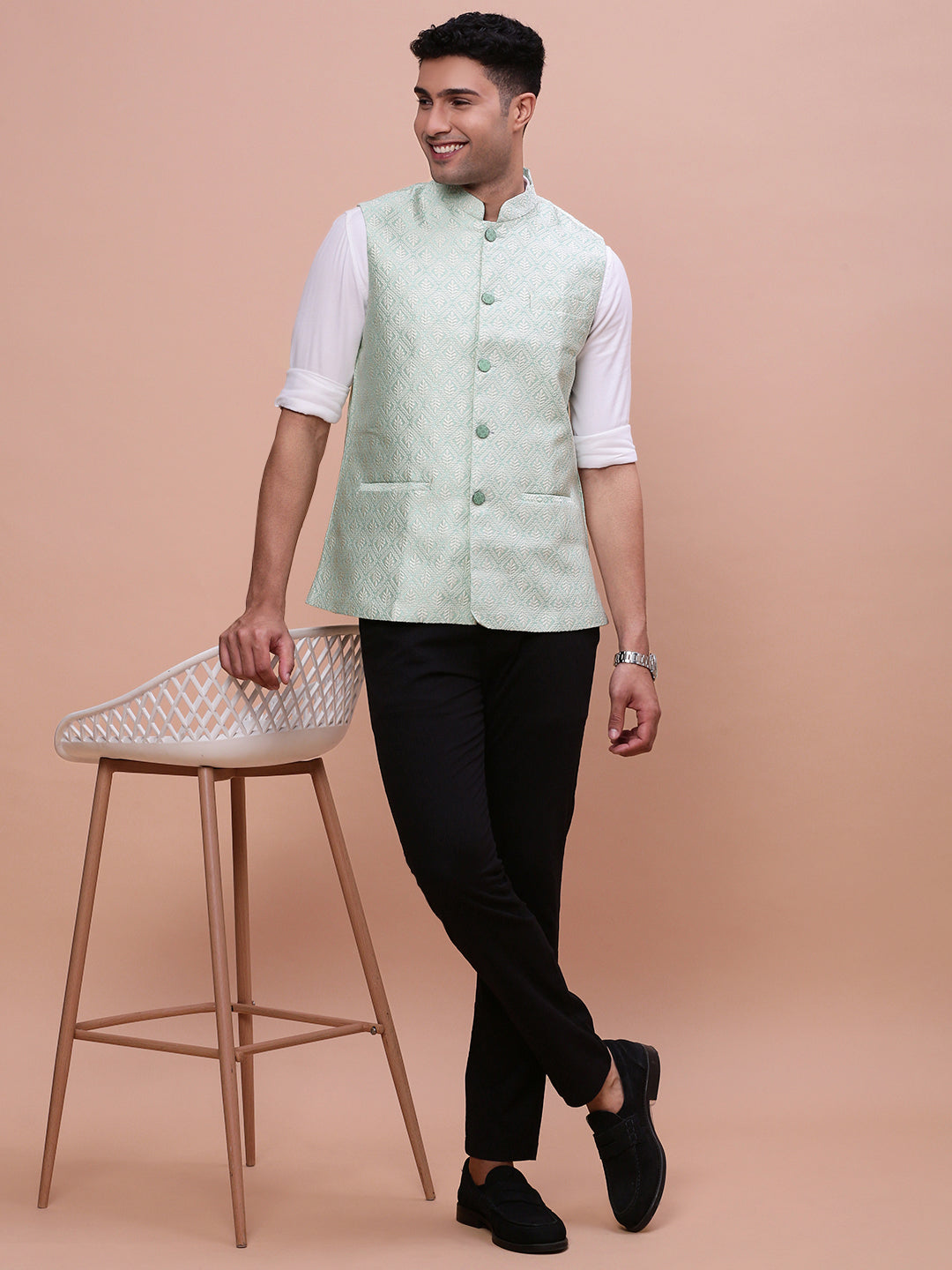 Men Woven Design Green Slim Fit Nehru Jacket