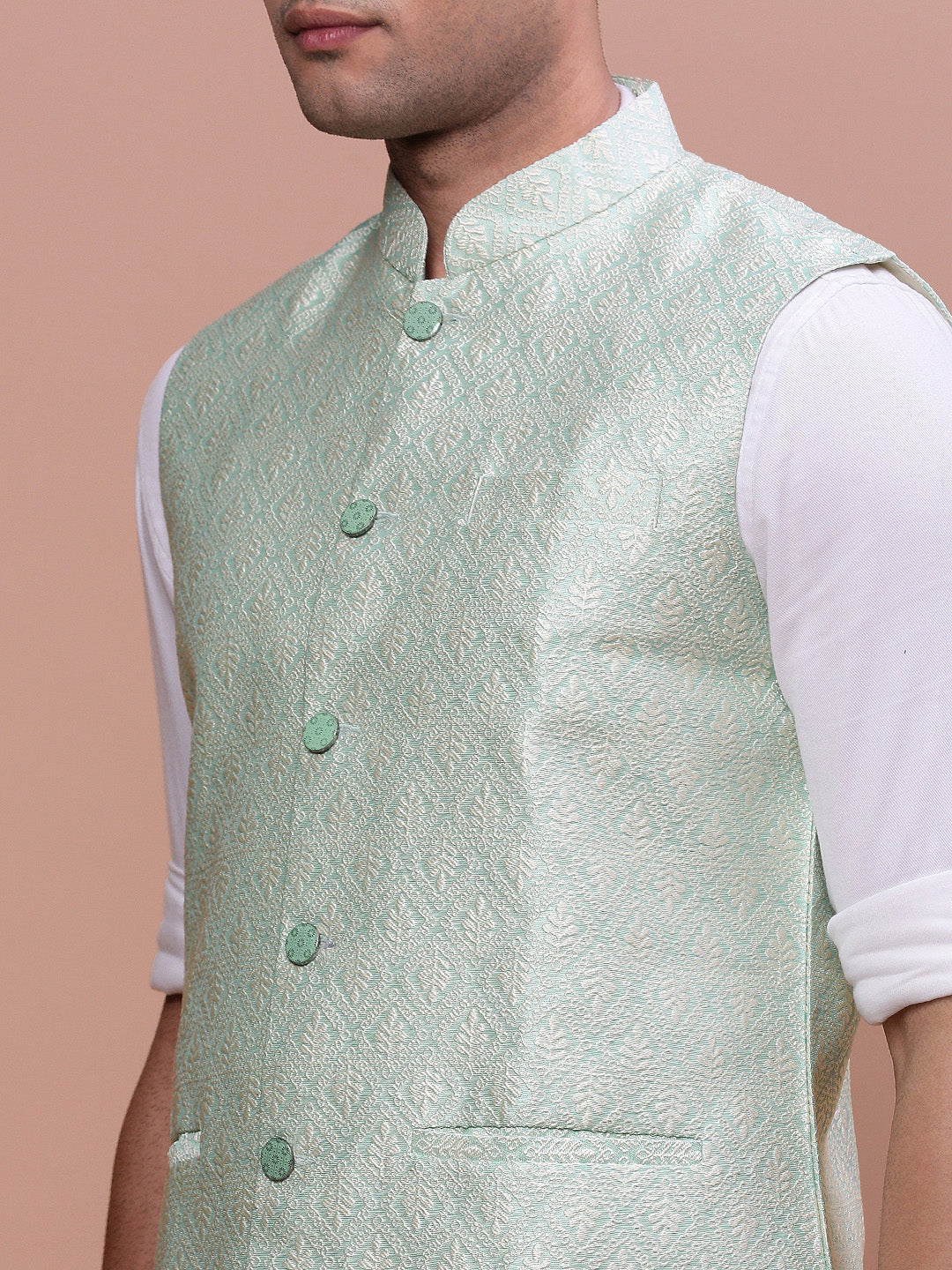 Men Woven Design Green Slim Fit Nehru Jacket