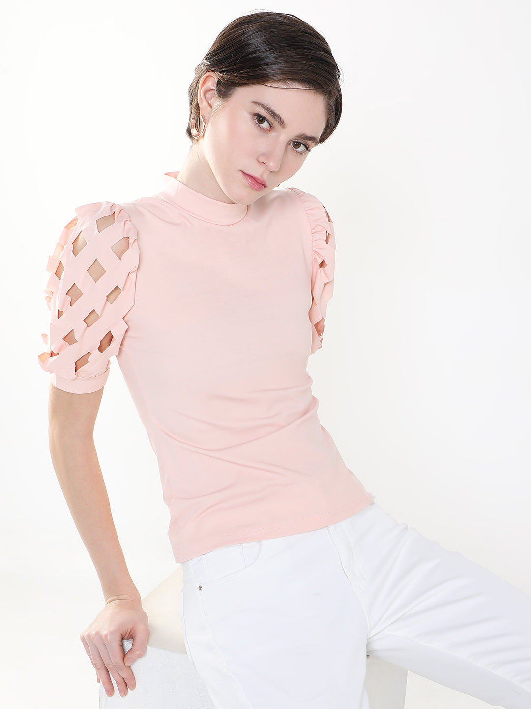 Women Solid Peach Fitted Top