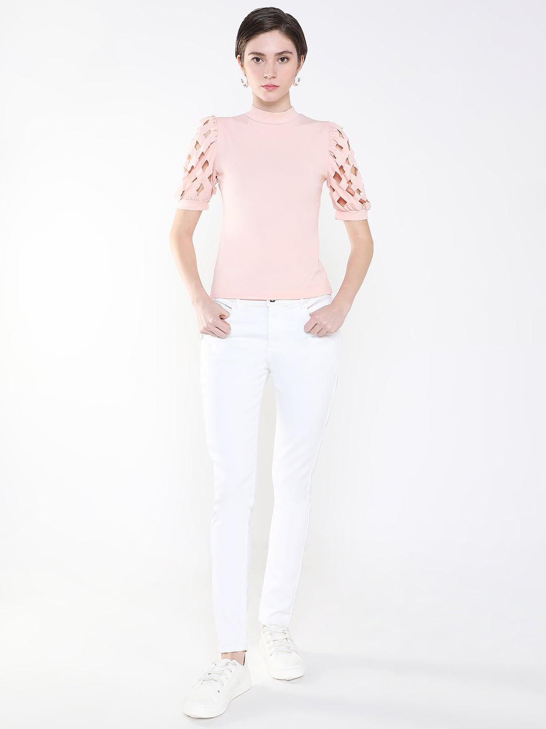 Women Solid Peach Fitted Top