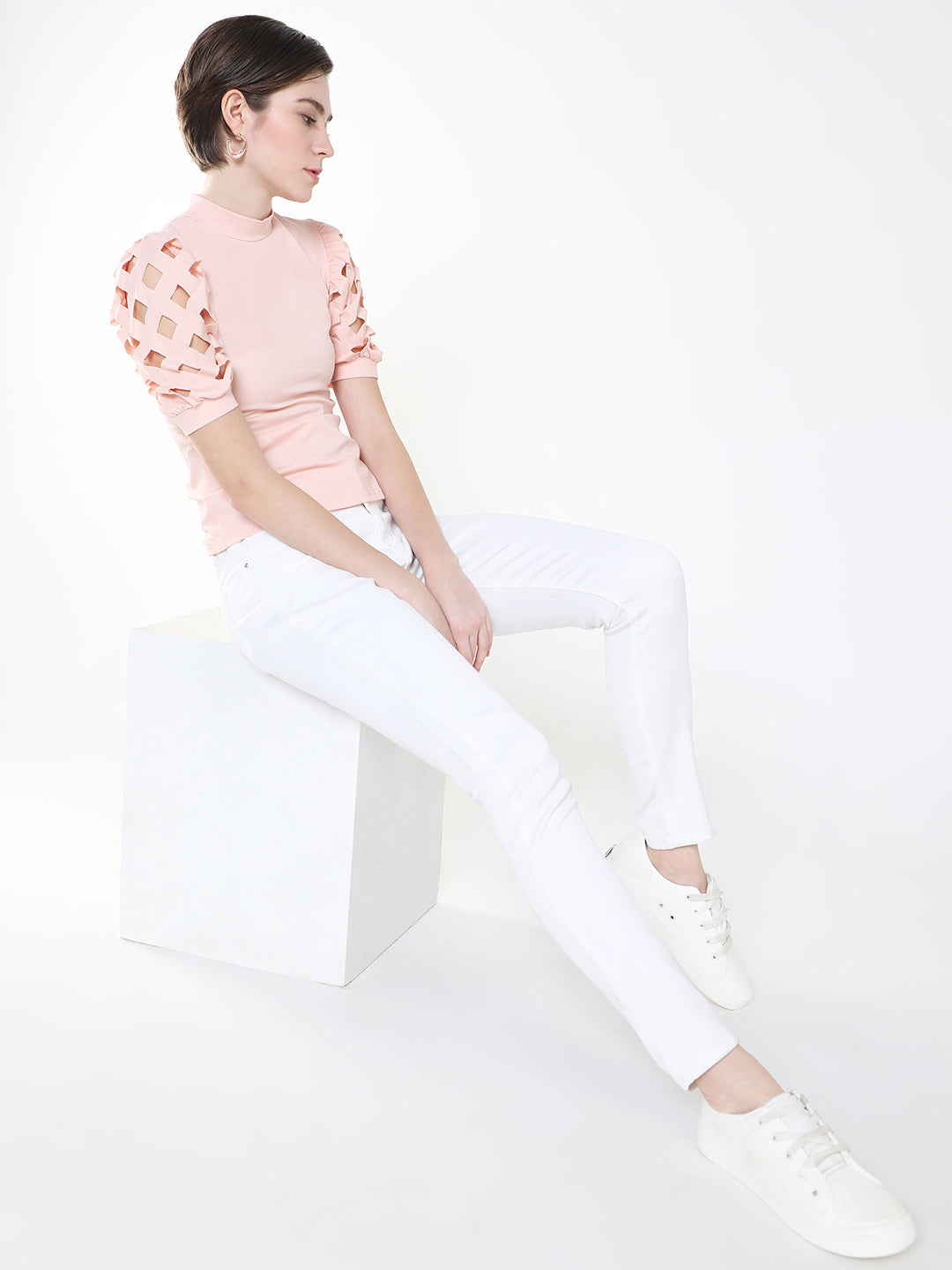 Women Solid Peach Fitted Top