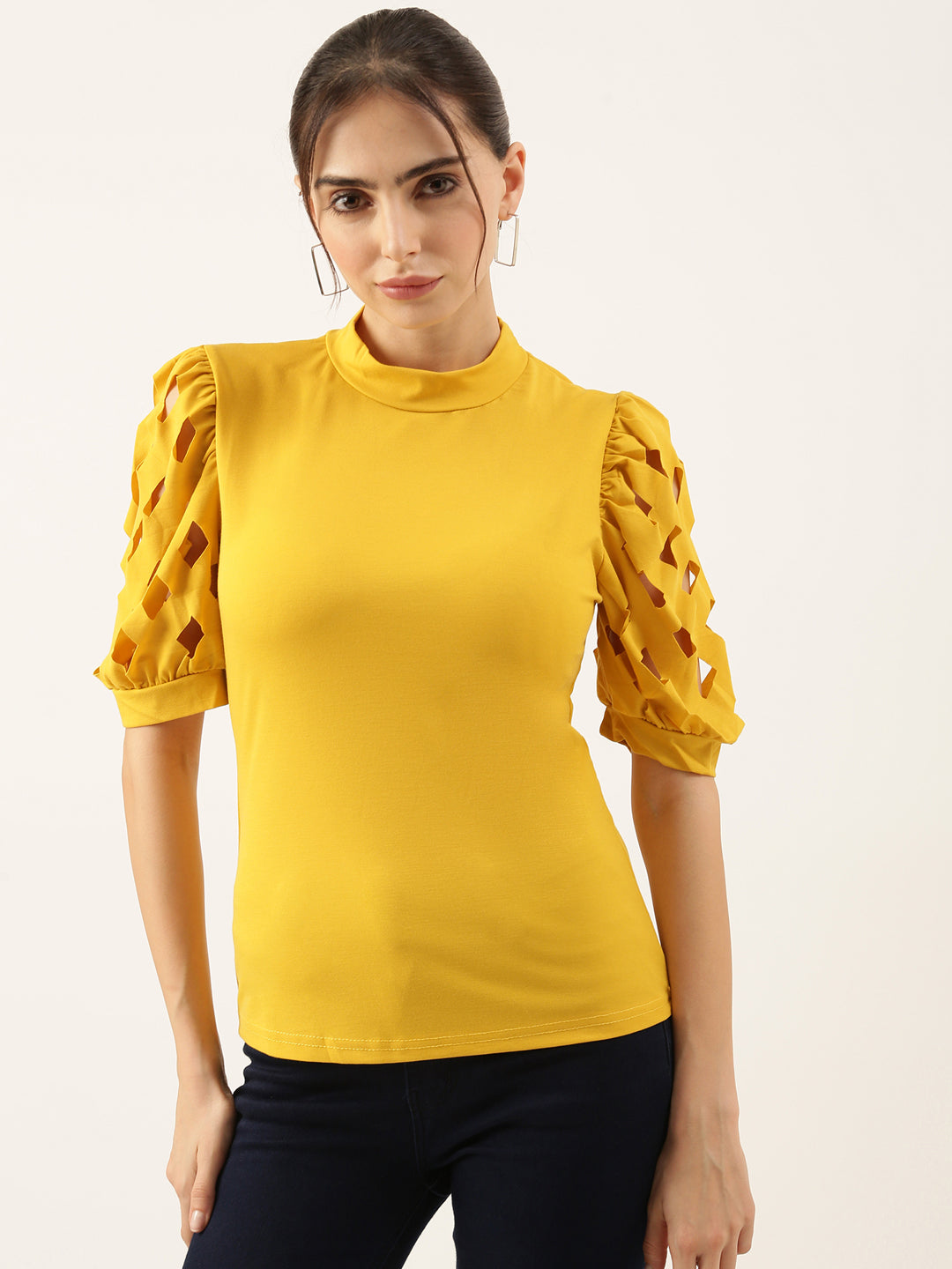 Women Solid Yellow Fitted Top