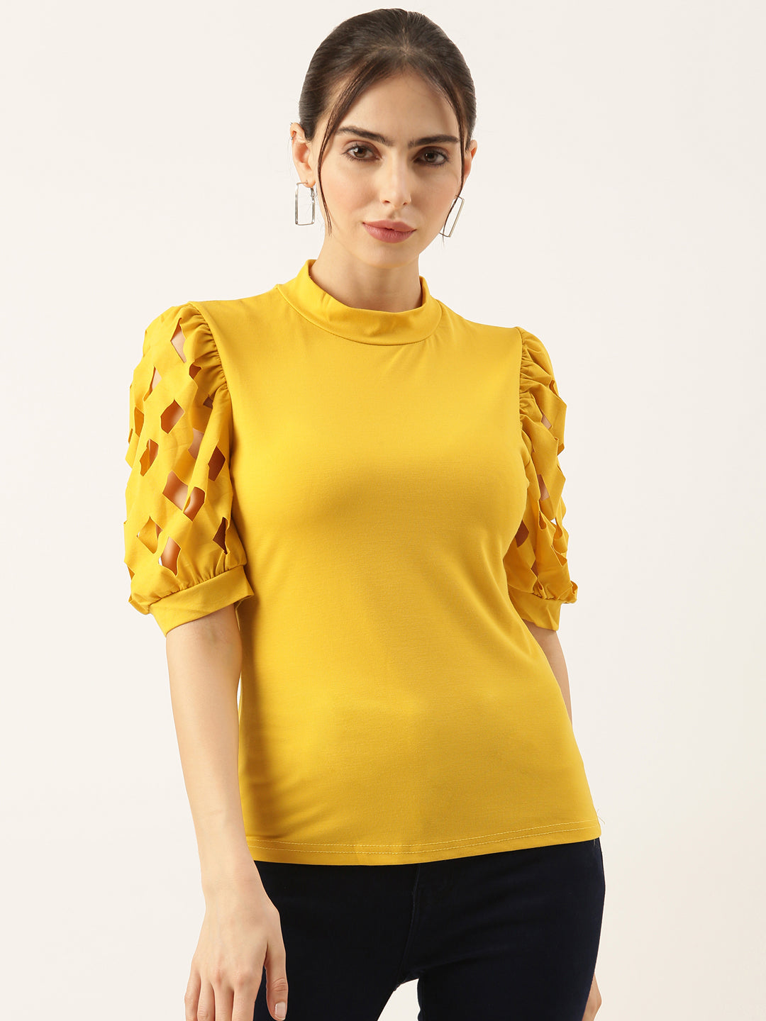 Women Solid Yellow Fitted Top