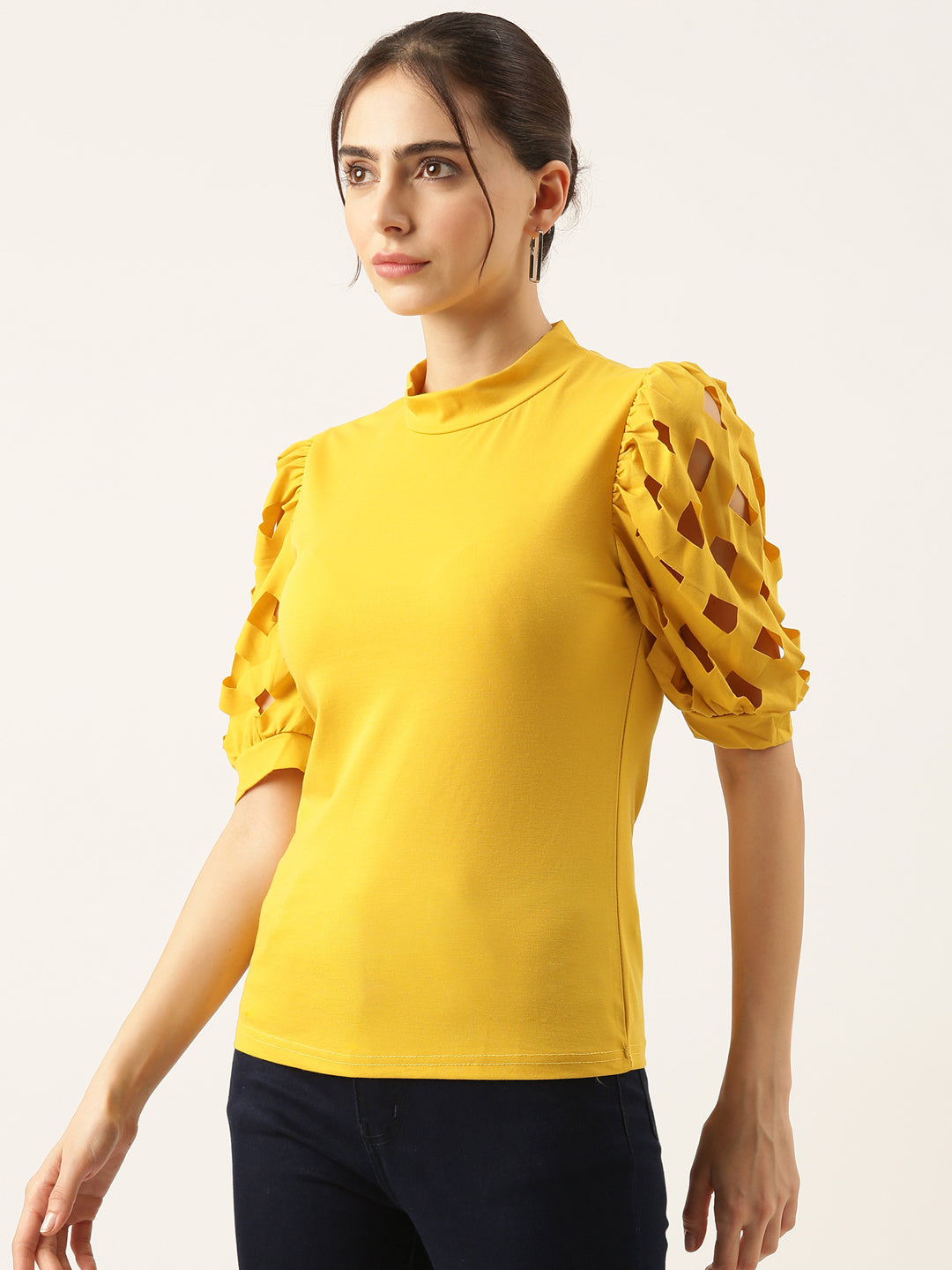 Women Solid Yellow Fitted Top