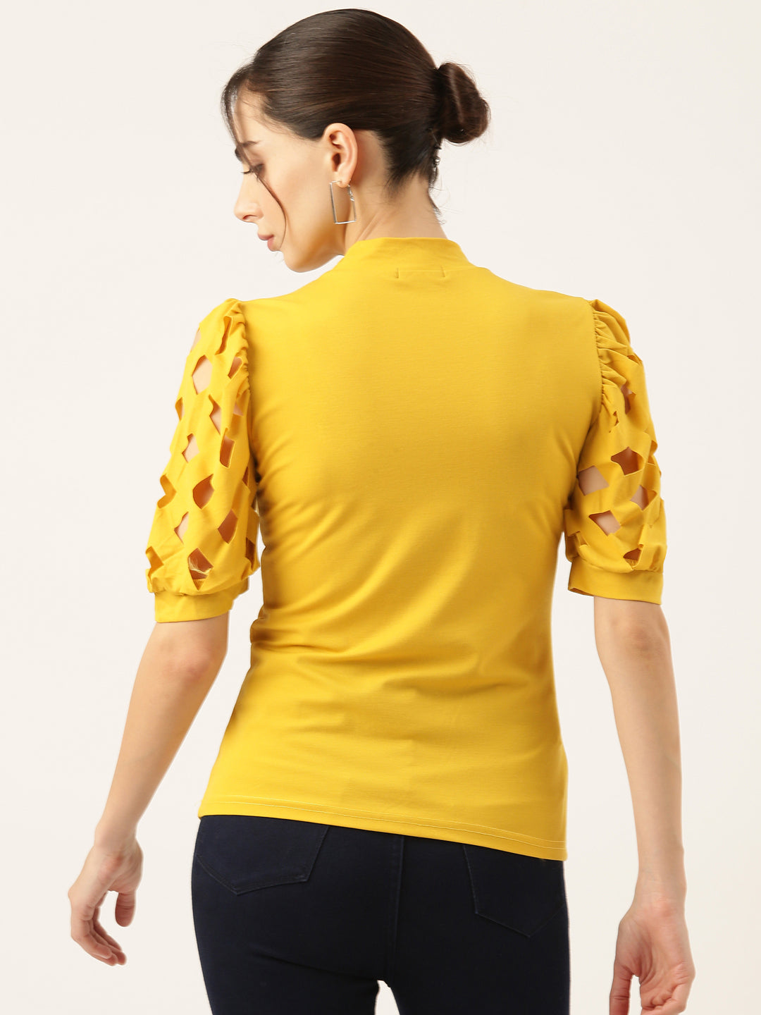 Women Solid Yellow Fitted Top