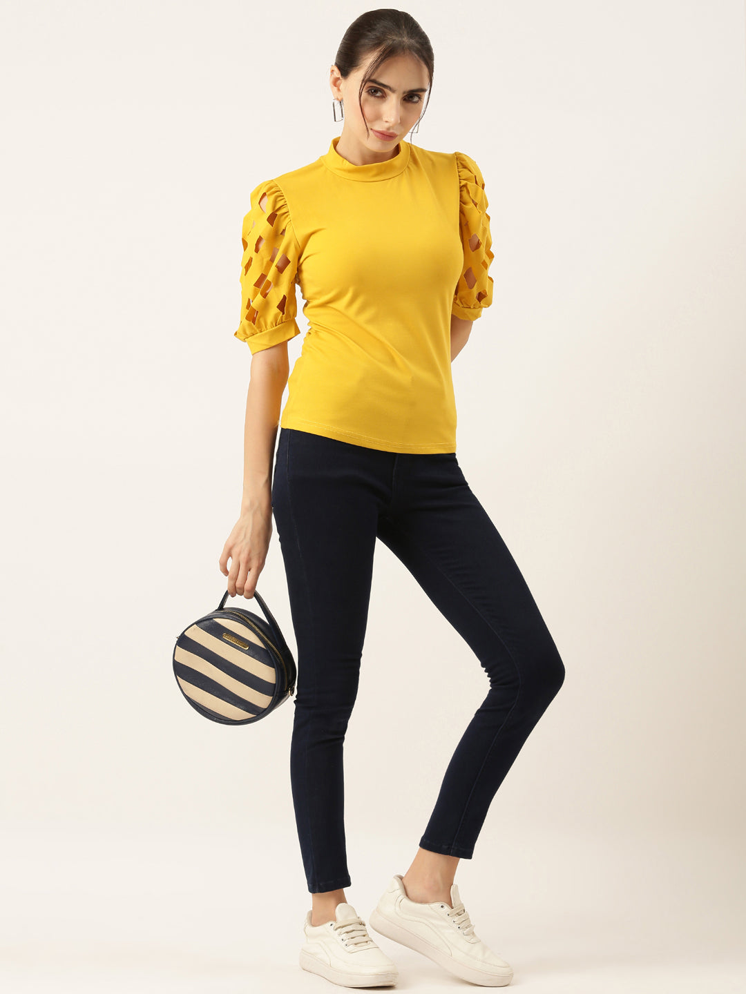 Women Solid Yellow Fitted Top