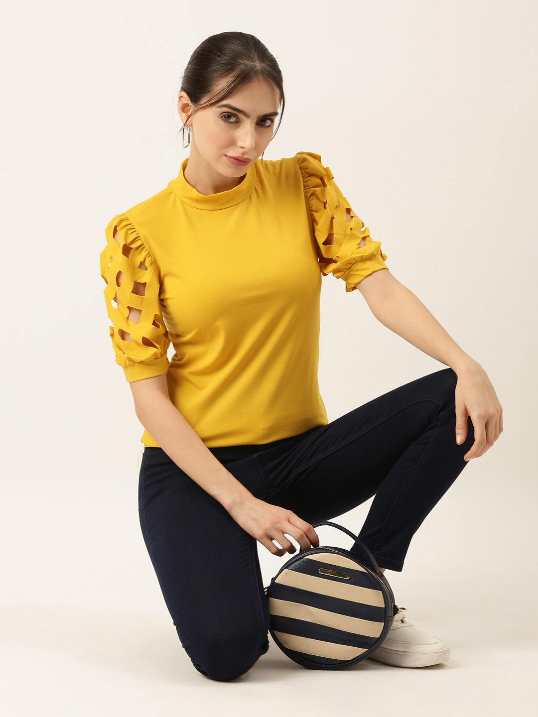 Women Solid Yellow Fitted Top