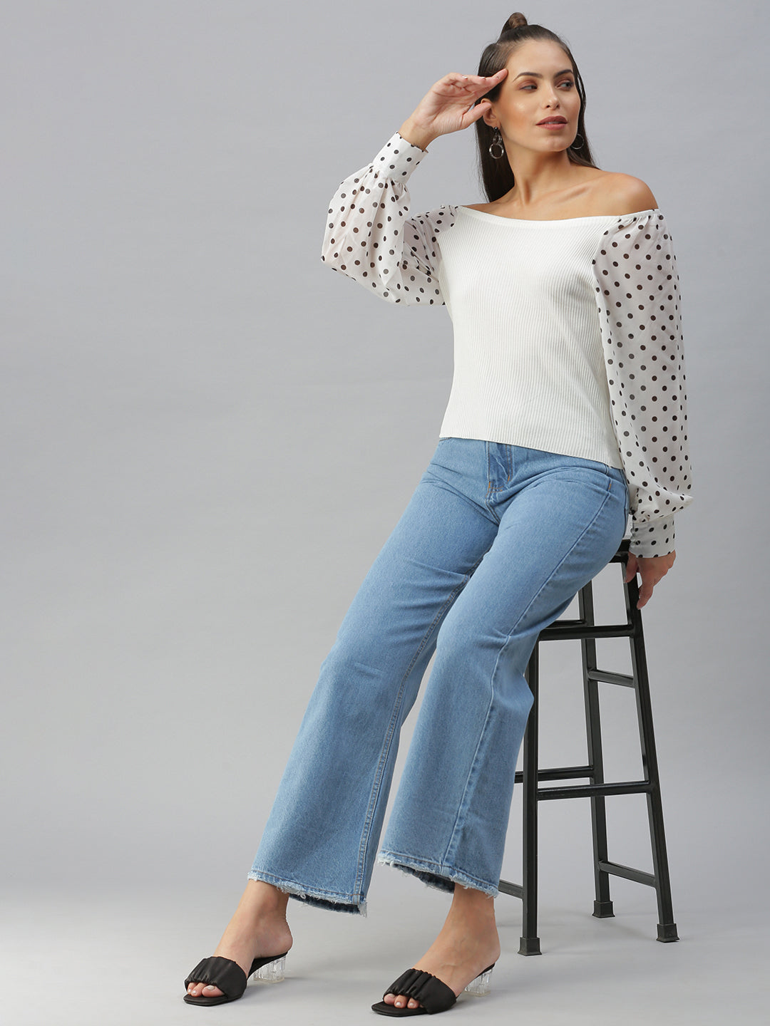 Women's Off-Shoulder Solid Off White Fitted Top