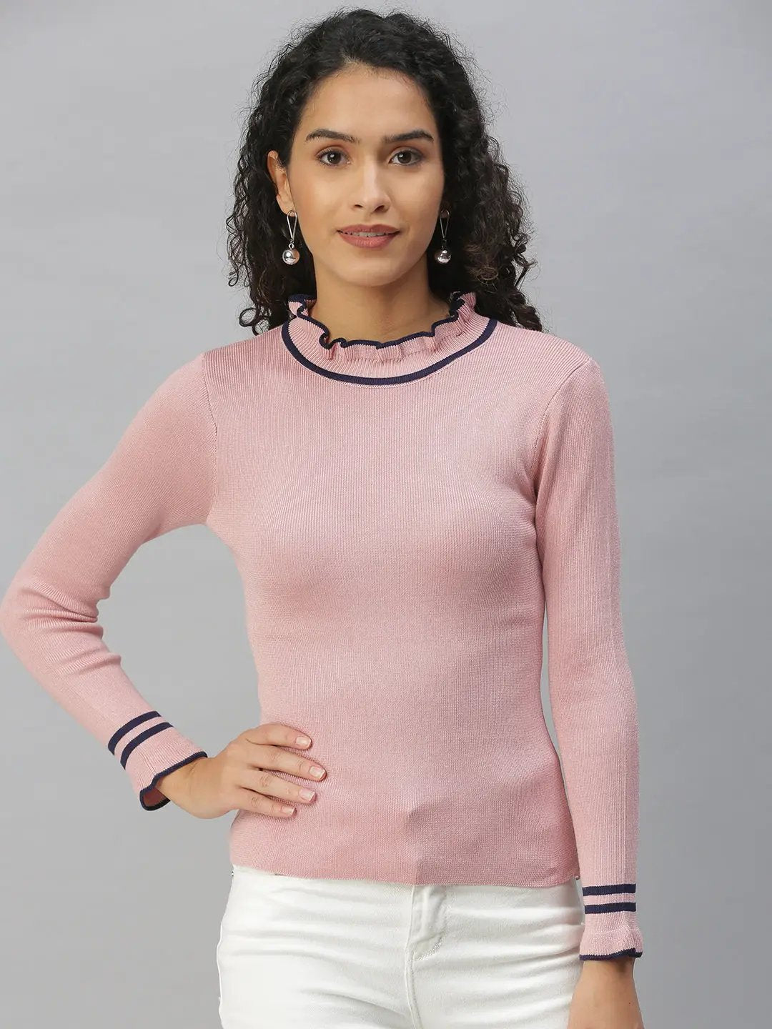 Women's High Neck Solid Mauve Fitted Top