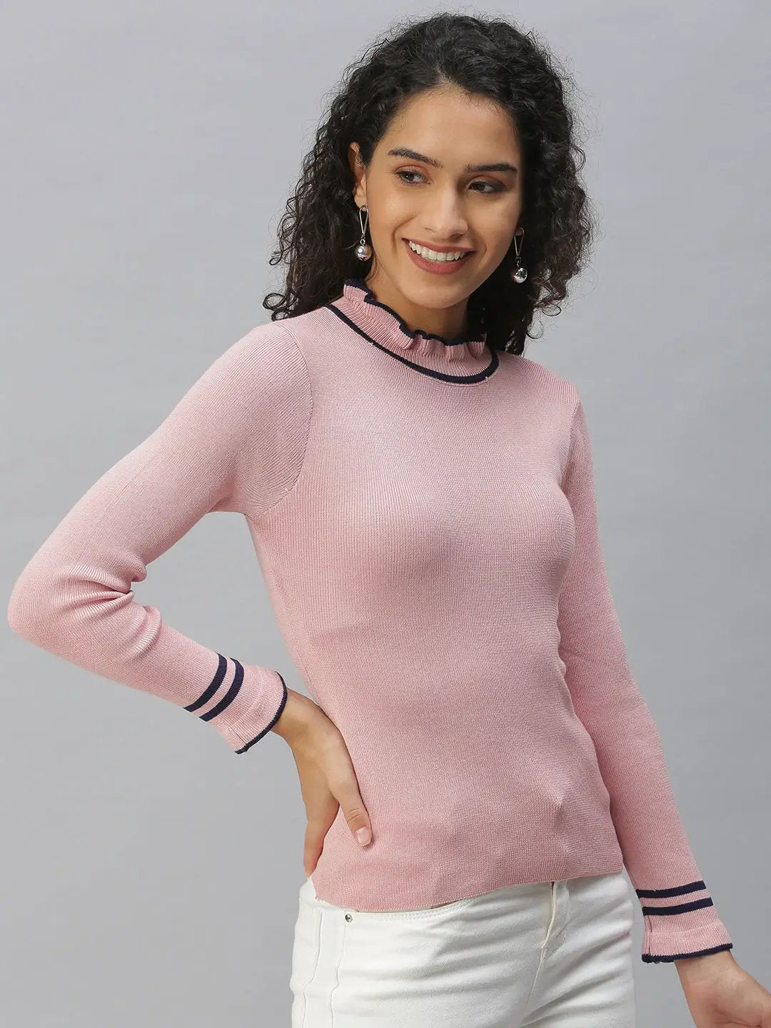 Women's High Neck Solid Mauve Fitted Top
