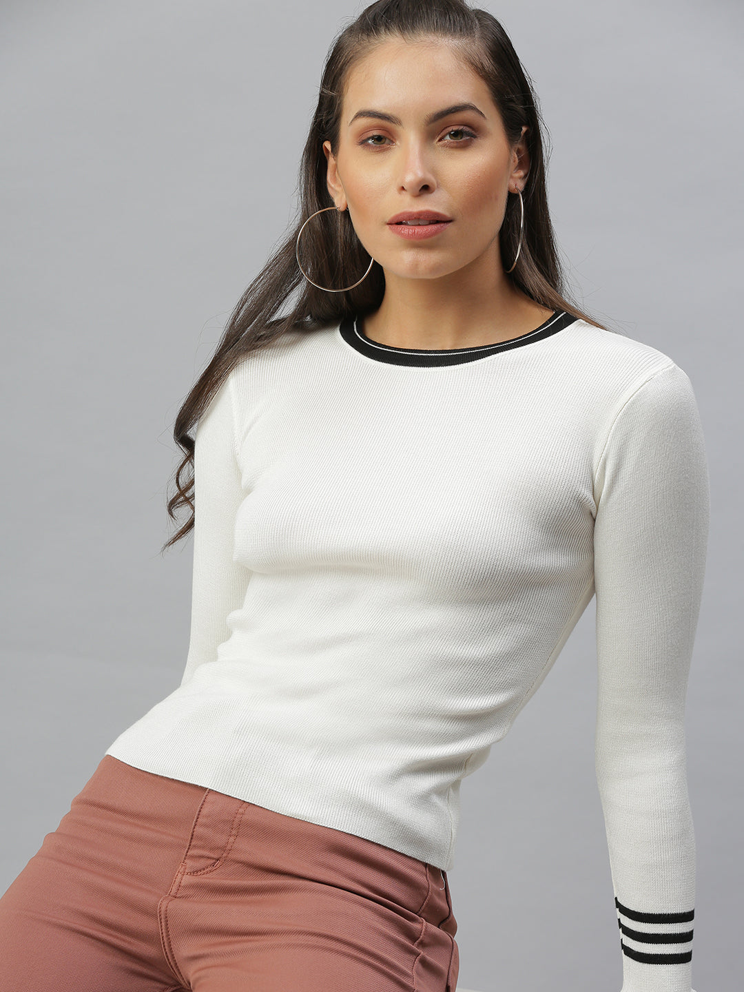 Women Solid Off White Fitted Top