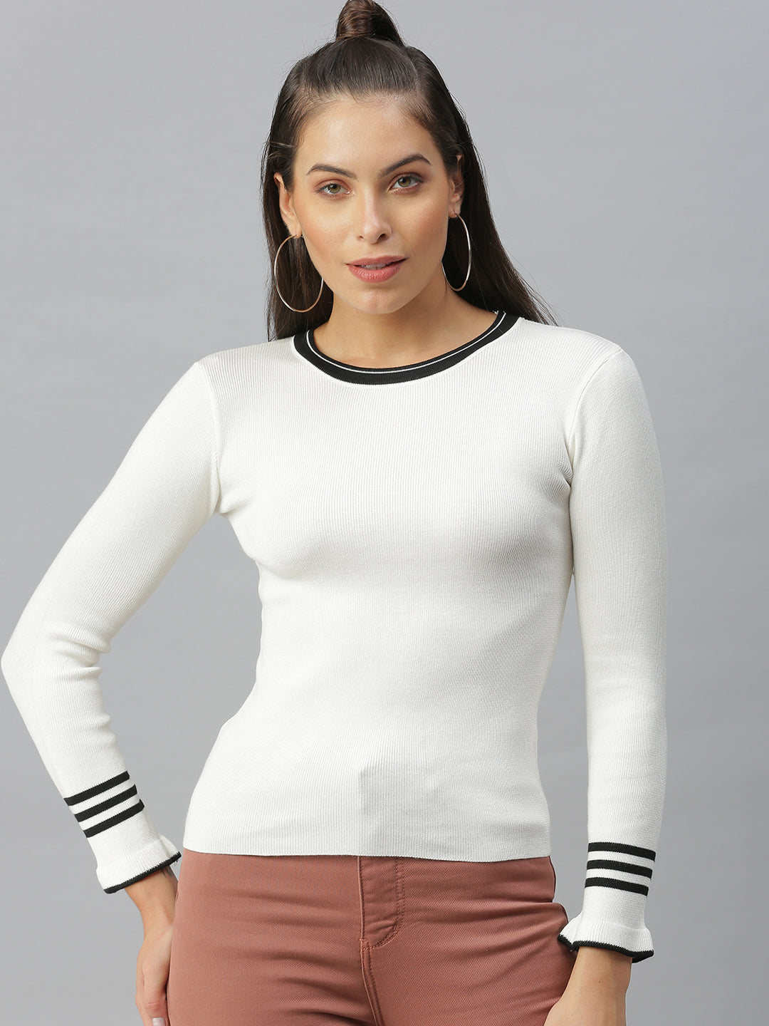 Women Solid Off White Fitted Top